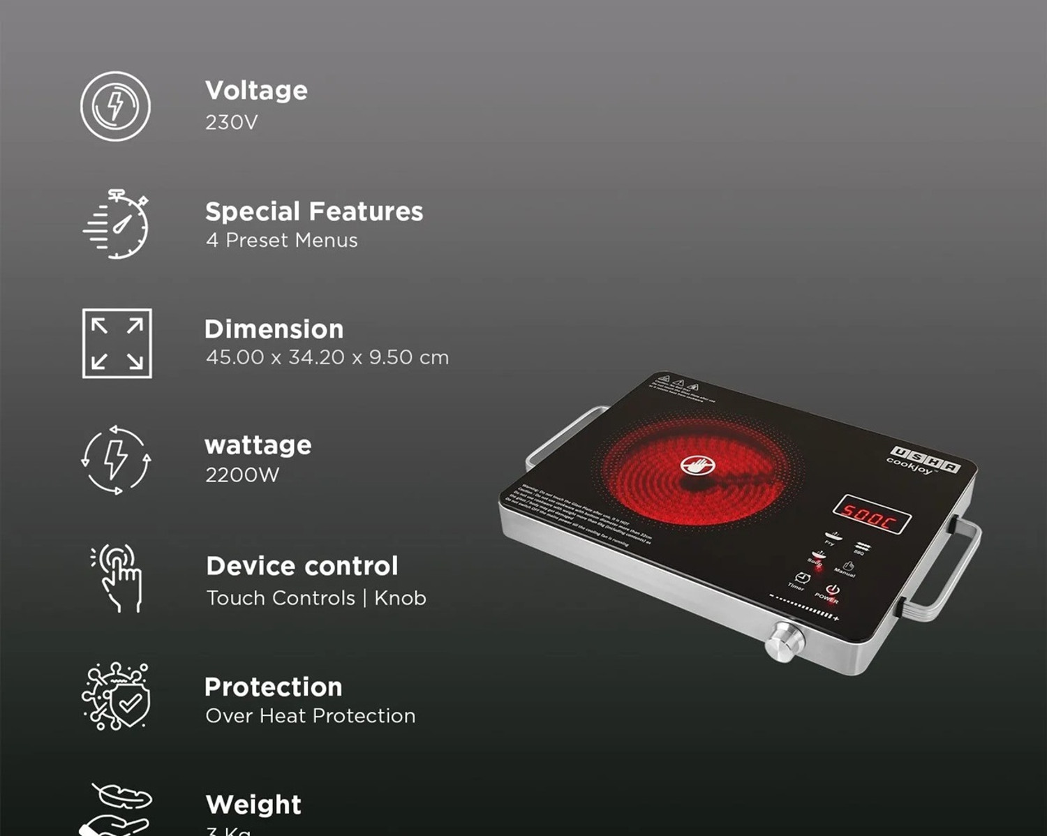 Image of USHA 2200 W Infrared Cooktop Touch Panel