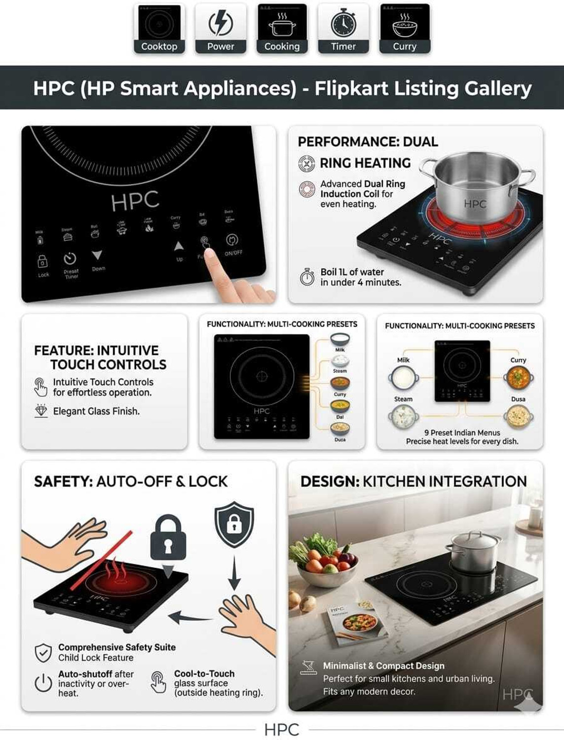 Image of HPC 2000 W Induction Cooktop Touch Panel
