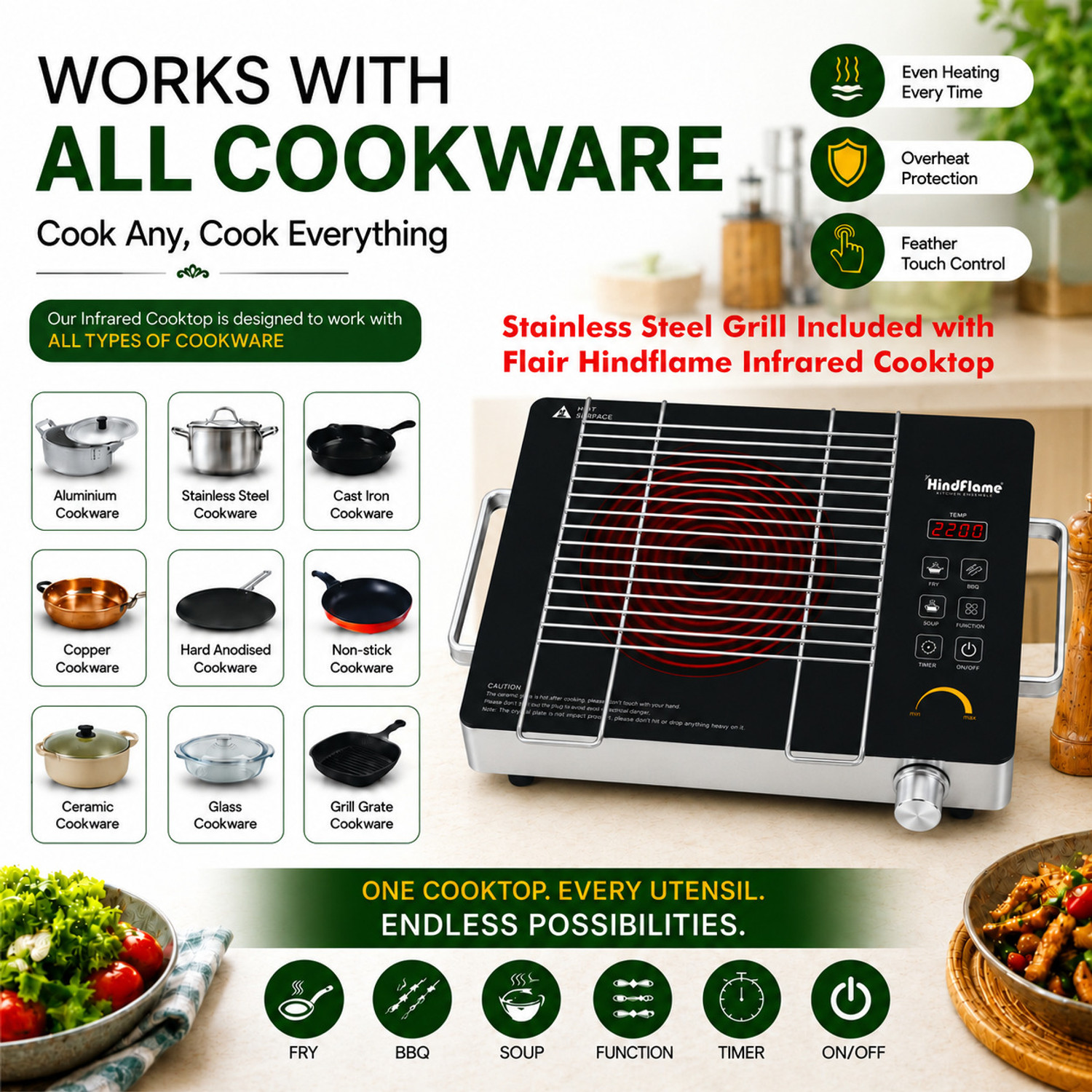 Image of Hindflame 2200 W Infrared Cooktop Touch Panel