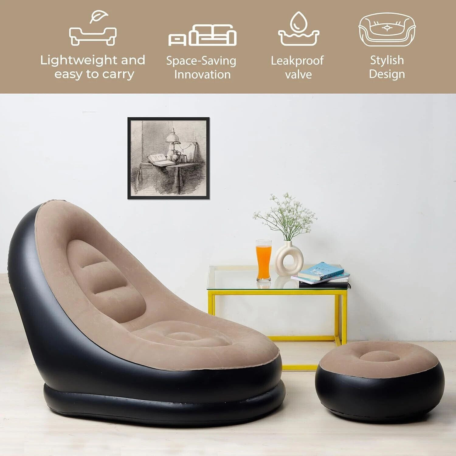 Image of VIBRANTESTORE Inflatable Air Filling Premium Lounge Sofa Chair with Footrest PVC 2 Seater Inflatable Sofa