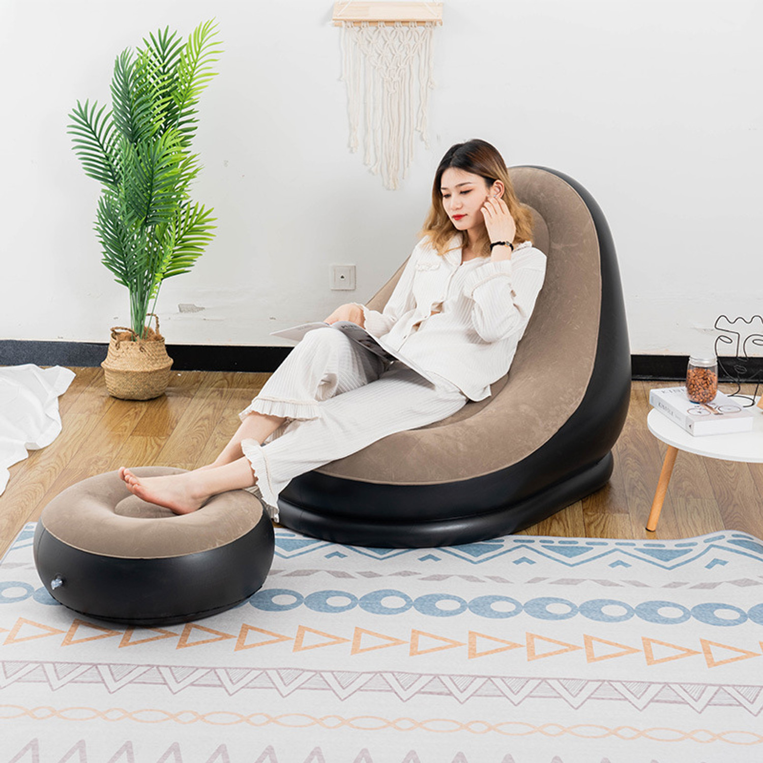 Image of Cs Universal Import Exp Inflatable Air Sofa Chair with Footstool for Living Room & Bedroom PVC 1 Seater Inflatable Sofa