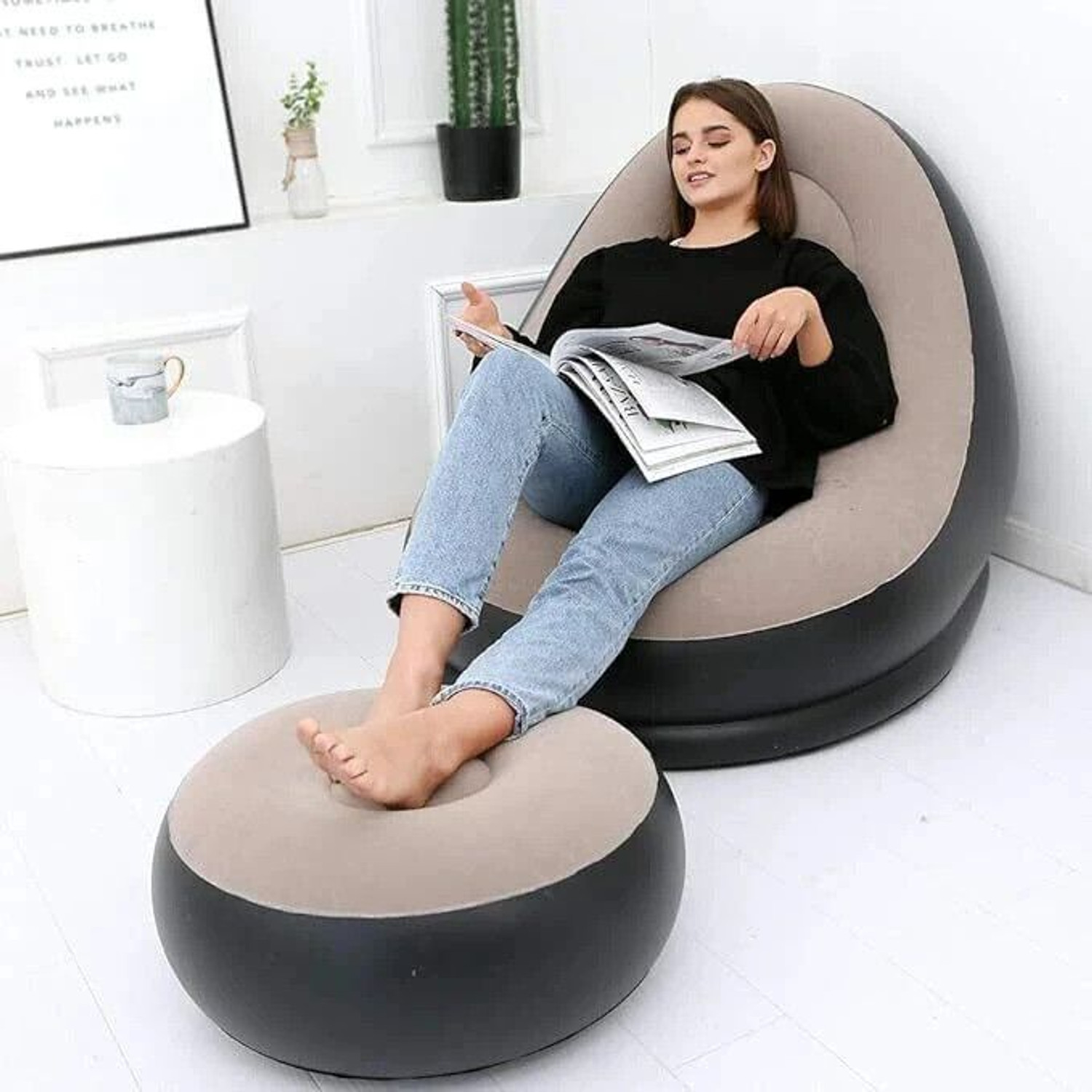 Image of TRENDLER Lazy Sofa Bed Footstool Set, Outdoor Foldable Air Cushion Recliner PVC PVC 2 Seater Inflatable Sofa