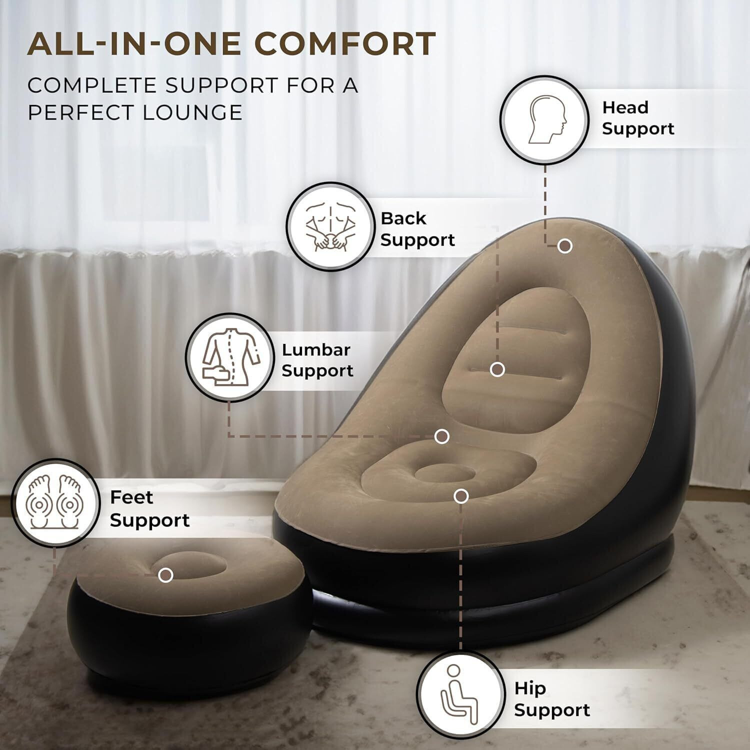 Image of ShopNetic Shopnetic | Inflatable Lounger Set 2-in-1 Sofa Chair with Footstool Micro Fiber 2 Seater Inflatable Sofa