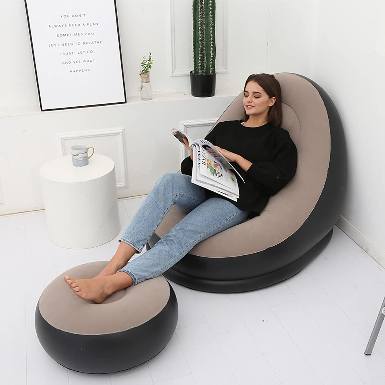Image of ERATH 2-in-1 Folding Portable Recliner Sofa for Indoor Living Room, Bedroom, Office Polyester 2 Seater Inflatable Sofa
