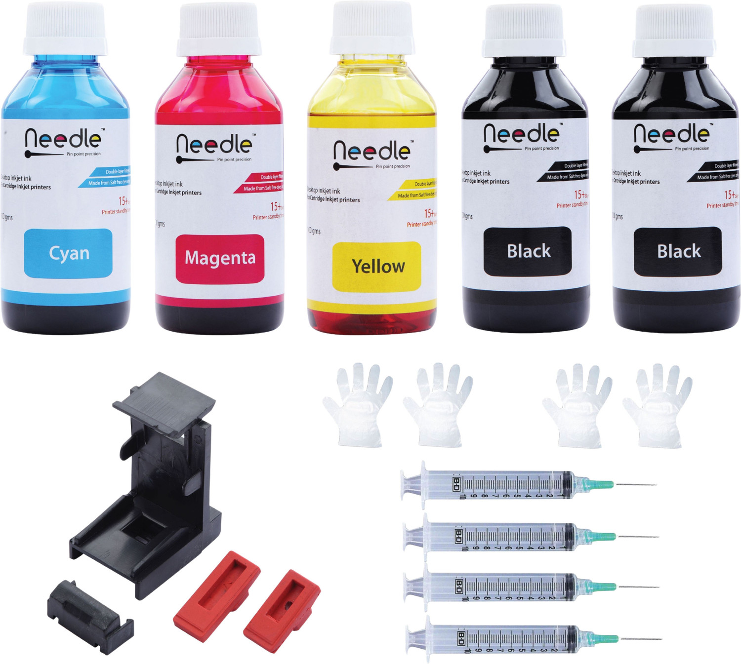 Image of Needle Ink Refill with Suction Tool for Printers 100 gms each Black + Tri Color Combo Pack Ink Bottle
