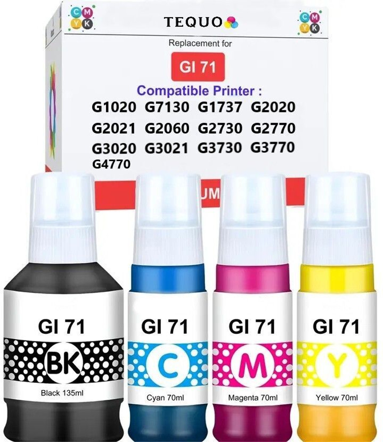 Image of tequo GI 70 /71 Ink For G1737,G2020,G2021,G2060,G3020,G3730,G3770,G4770 Printers Black + Tri Color Combo Pack Ink Bottle