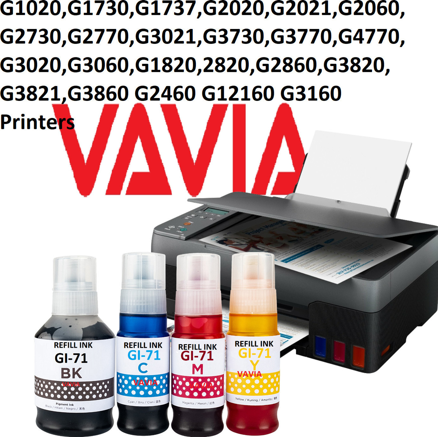 Image of vavia Ink Refill for GI-71 G1020,G2020,G2021,G2060,G3020,G2021,G3060 Black + Tri Color Combo Pack Ink Bottle