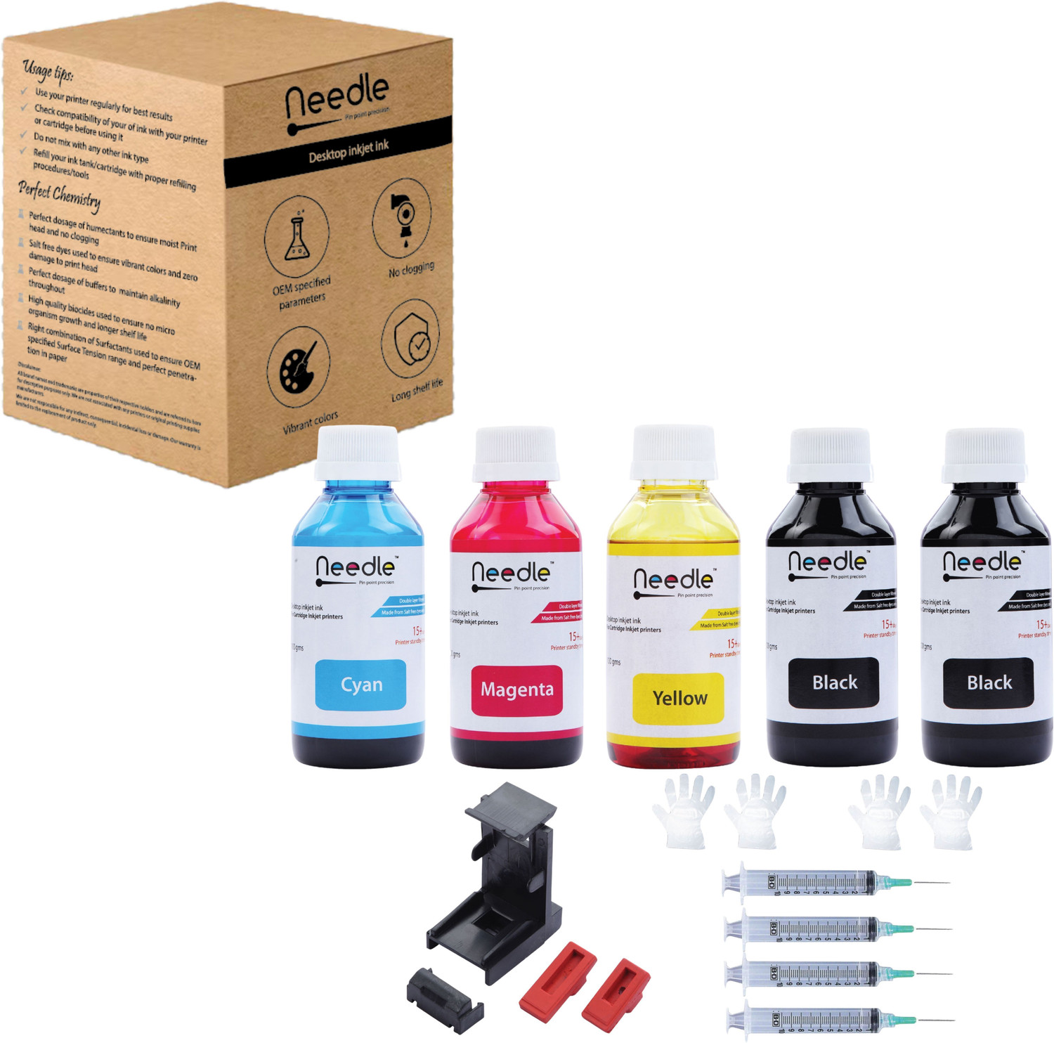 Image of Needle Ink Refill with Suction Tool for Printers 100 gms each Black + Tri Color Combo Pack Ink Bottle