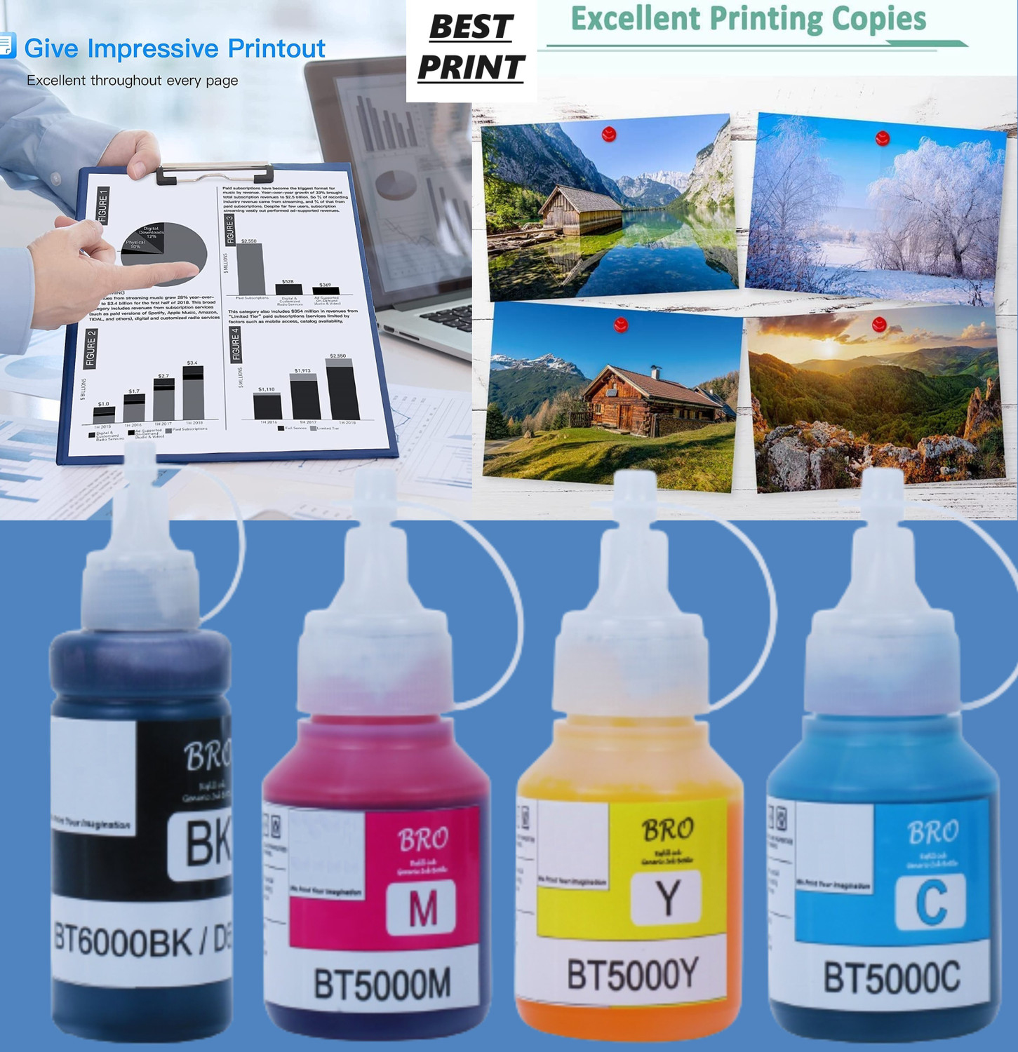 Image of BESTPRINT Ink For BROTHER DCP T300, T310W, T500W, T510W, T700W, T710W, T800W, T810W Black + Tri Color Combo Pack Ink Bottle