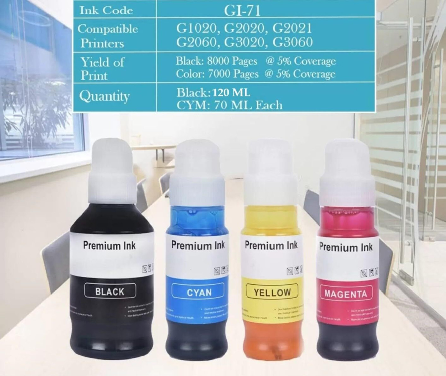 Image of Gedi GI 71 Refill Ink for Canon Pixma G2020,G2021,G2060,G2730,G3020,G3021 Printer Black + Tri Color Combo Pack Ink Bottle