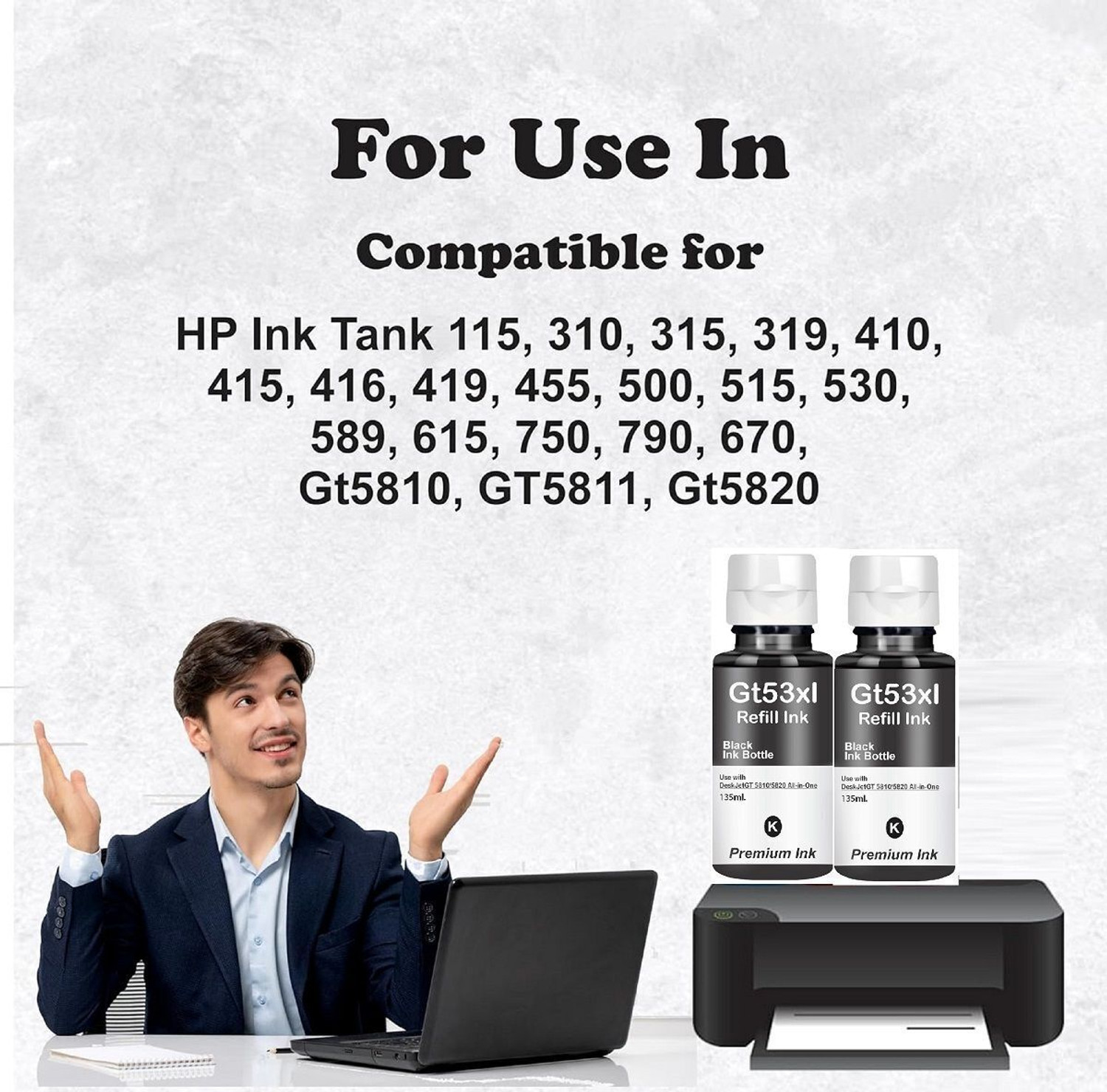Image of salaar GT51 /53XL Compatible Refill Ink Use for HP 310,315,319,410,415,419,GT5810,GT5821 Black - Twin Pack Ink Bottle