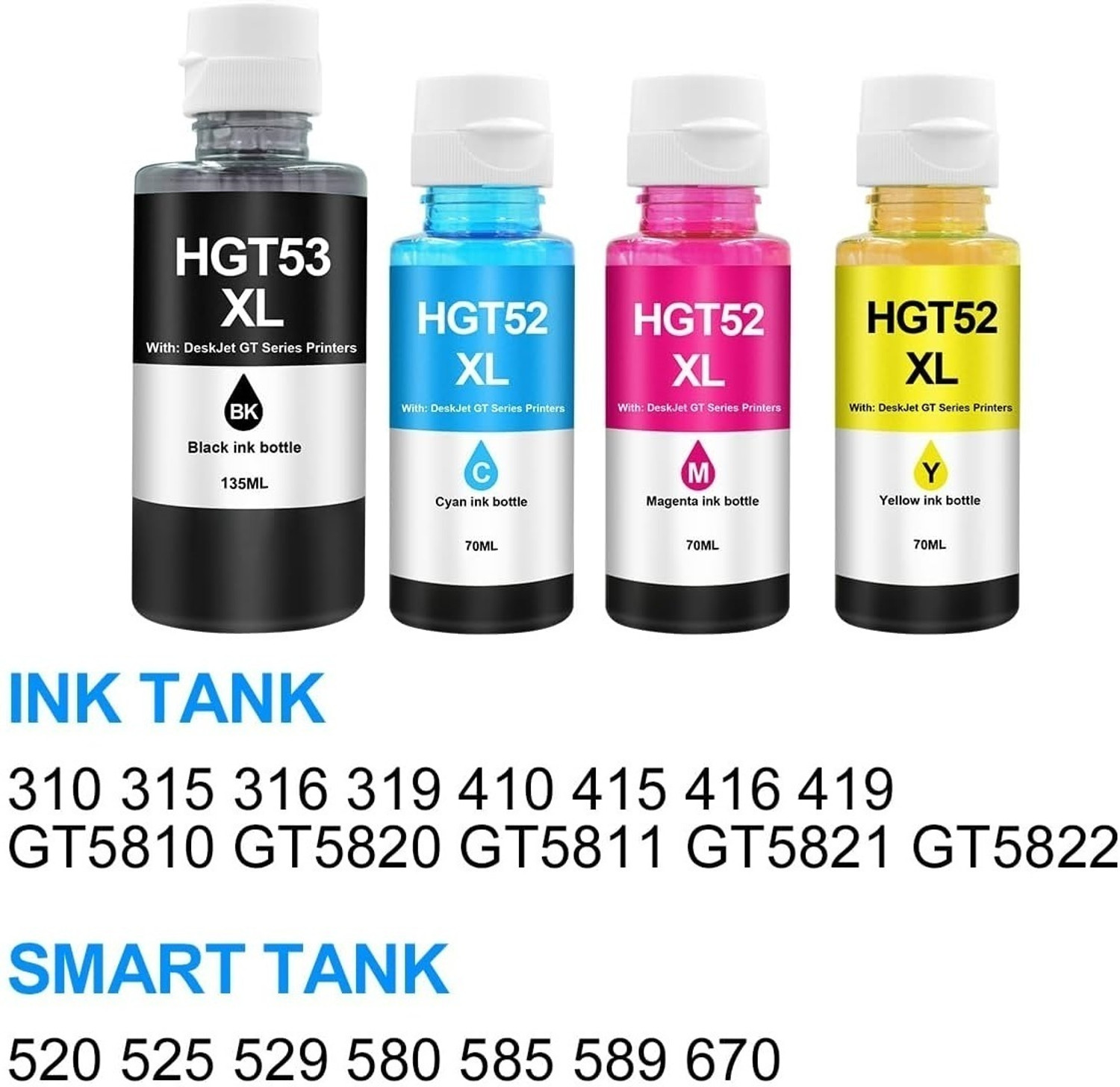 Image of ASV GT53XL GT52 Replacement for 319 410 419 Smart Tank, DeskJet GT 5810 5820 5822 Black + Tri Color Combo Pack Ink Bottle