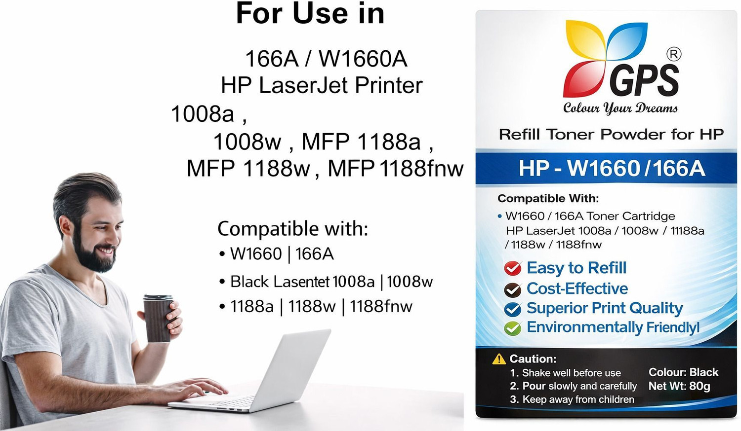 Image of GPS Colour Your Dreams Toner Powder For Hp 166A Toner Cartridge HP Laserjet 1008a,1008w,1188a,1188w, Black Ink Toner Powder