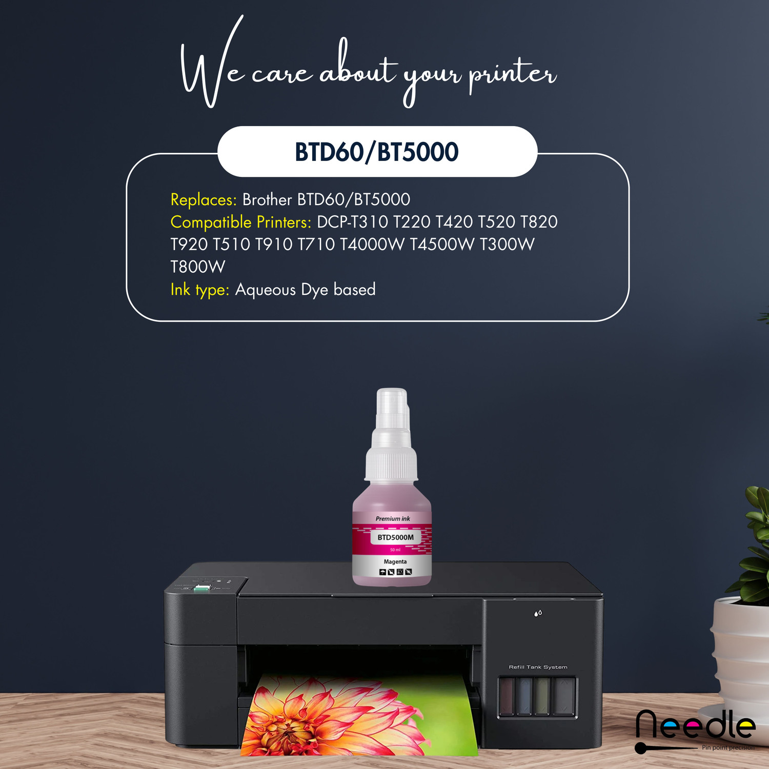 Image of Needle BTD60 /BT5000 for DCP-T310 T220 T420 T510 T520 T700 T4000W Printers 50 gms each Magenta Ink Bottle
