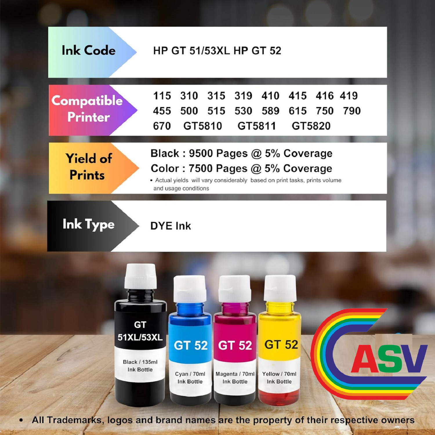 Image of ASV GT53XLsmart tank printer 581,210,525,520,521,585,580,670,530,675,720,750,790 Black + Tri Color Combo Pack Ink Bottle
