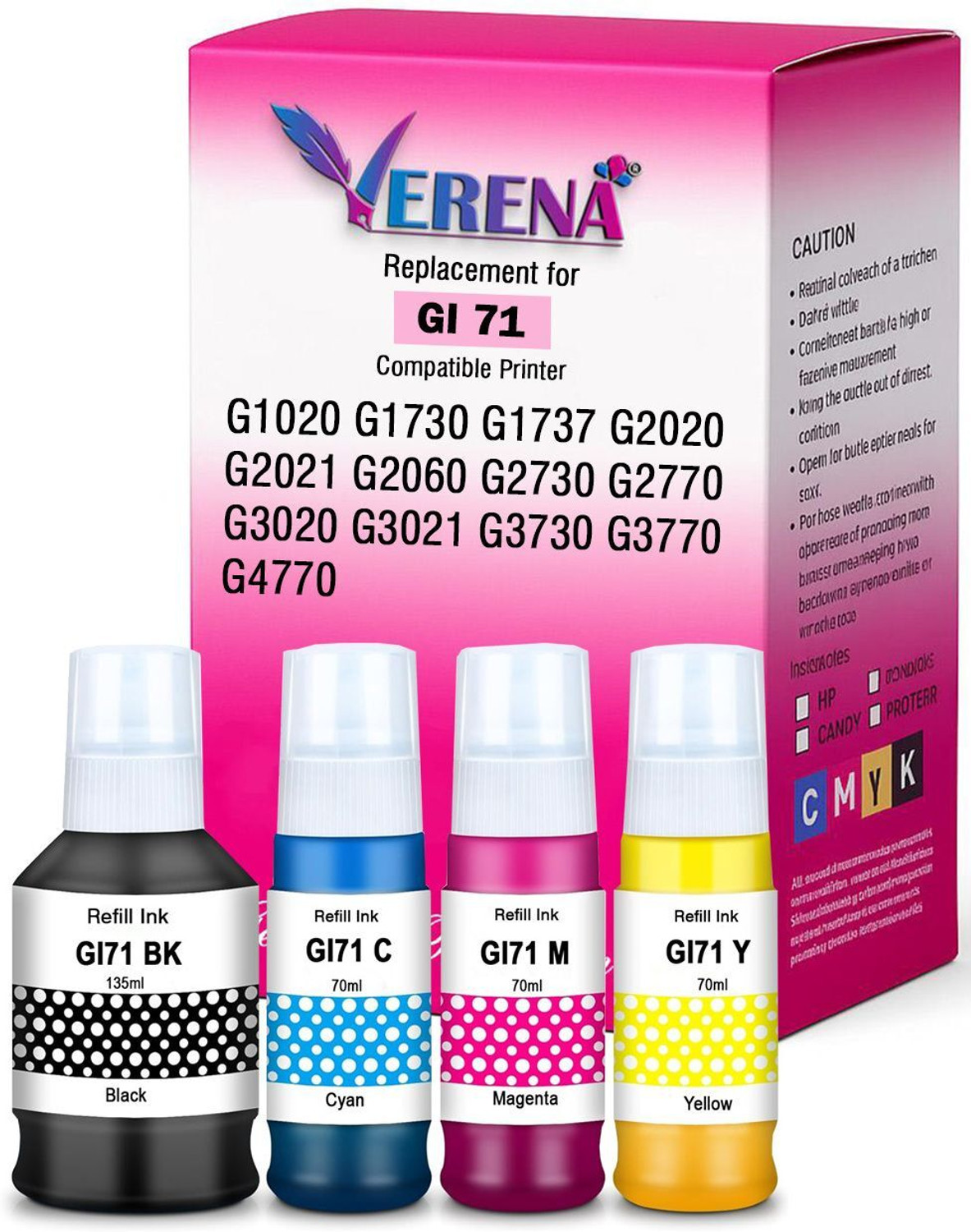 Image of verena GI 71 Refill Ink G1020,G2020,G2021,G2060,G3020,G3021,G3060 Printers Black + Tri Color Combo Pack Ink Bottle