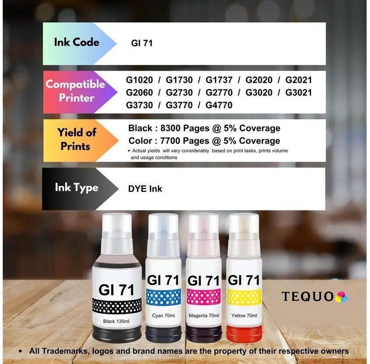 Image of tequo GI 70 /71 Ink For G1737,G2020,G2021,G2060,G3020,G3730,G3770,G4770 Printers Black + Tri Color Combo Pack Ink Bottle