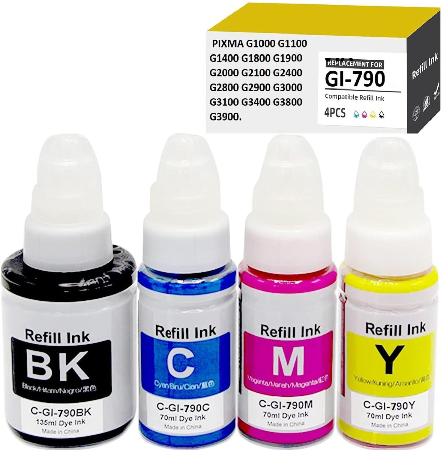 Image of Haedlink Canon Ink for PIXMA GI 790-G1000,G2000,G3000,G4000,G2010,G3010 Pack of 4 Black + Tri Color Combo Pack Ink Bottle