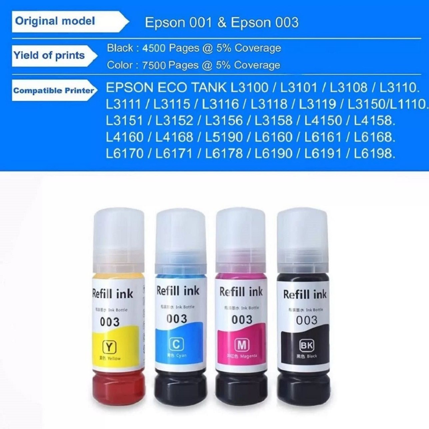 Image of ASV Refill for Epson 001,003,L3200,L3210,L3211,L3215,L3216,L3250,L3252 Tri-Color Ink Bottle
