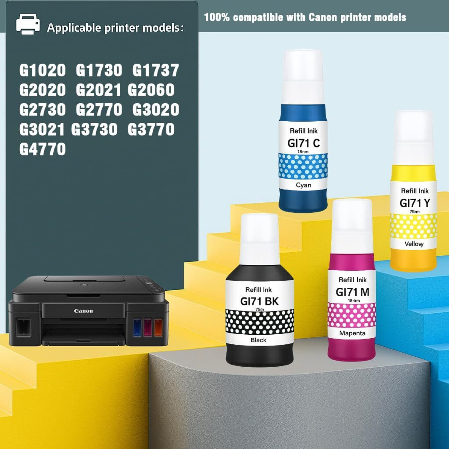 Image of Gedi GI 71 Ink for Canon G1020 G2020 G2021 G2060 G3020 G3730 G3770 G4770 Printer Black + Tri Color Combo Pack Ink Bottle