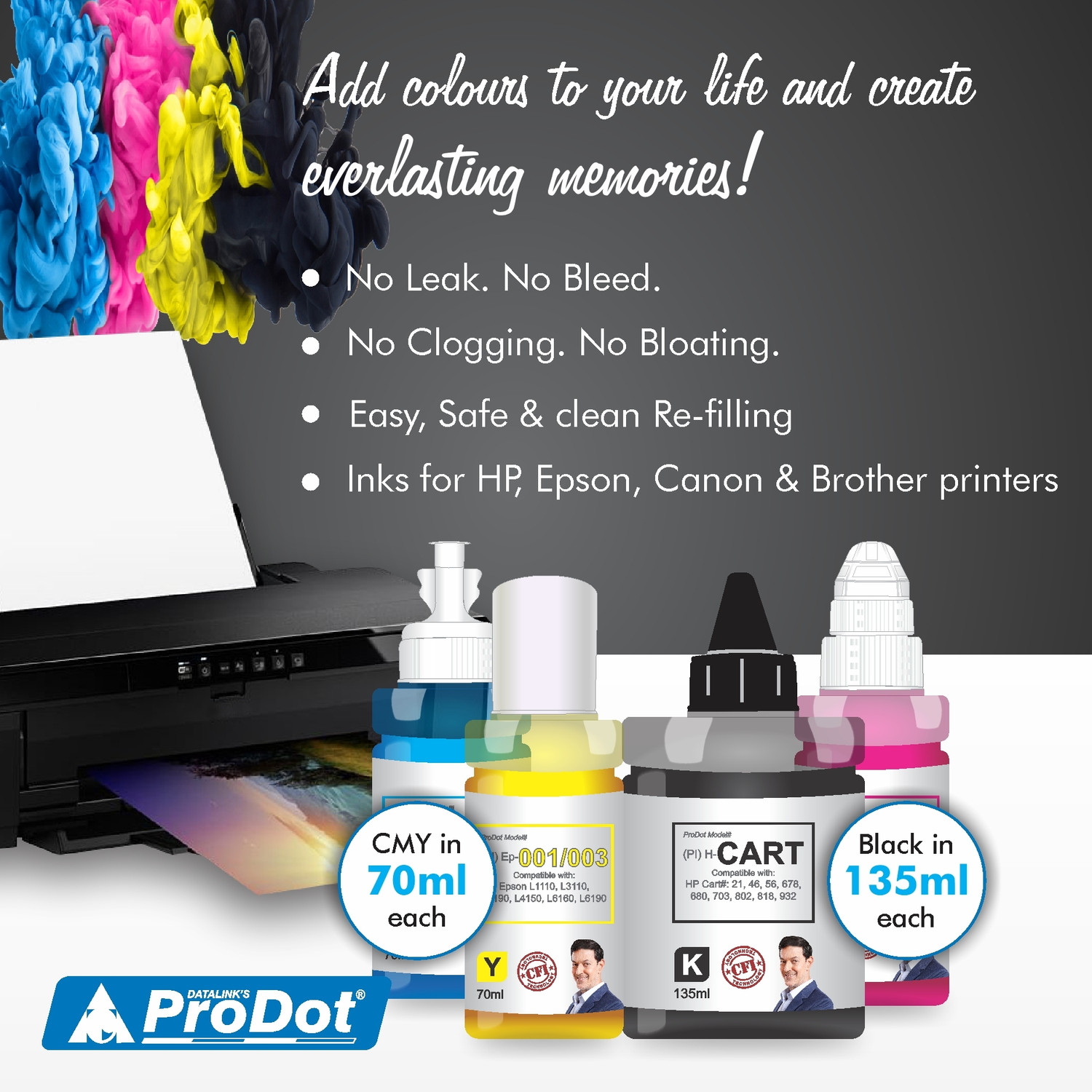 Image of PRODOT Ep 664 Inkjet Ink Refill Compatible with Epson L100, L130, L210, L220, L300 Black Ink Bottle