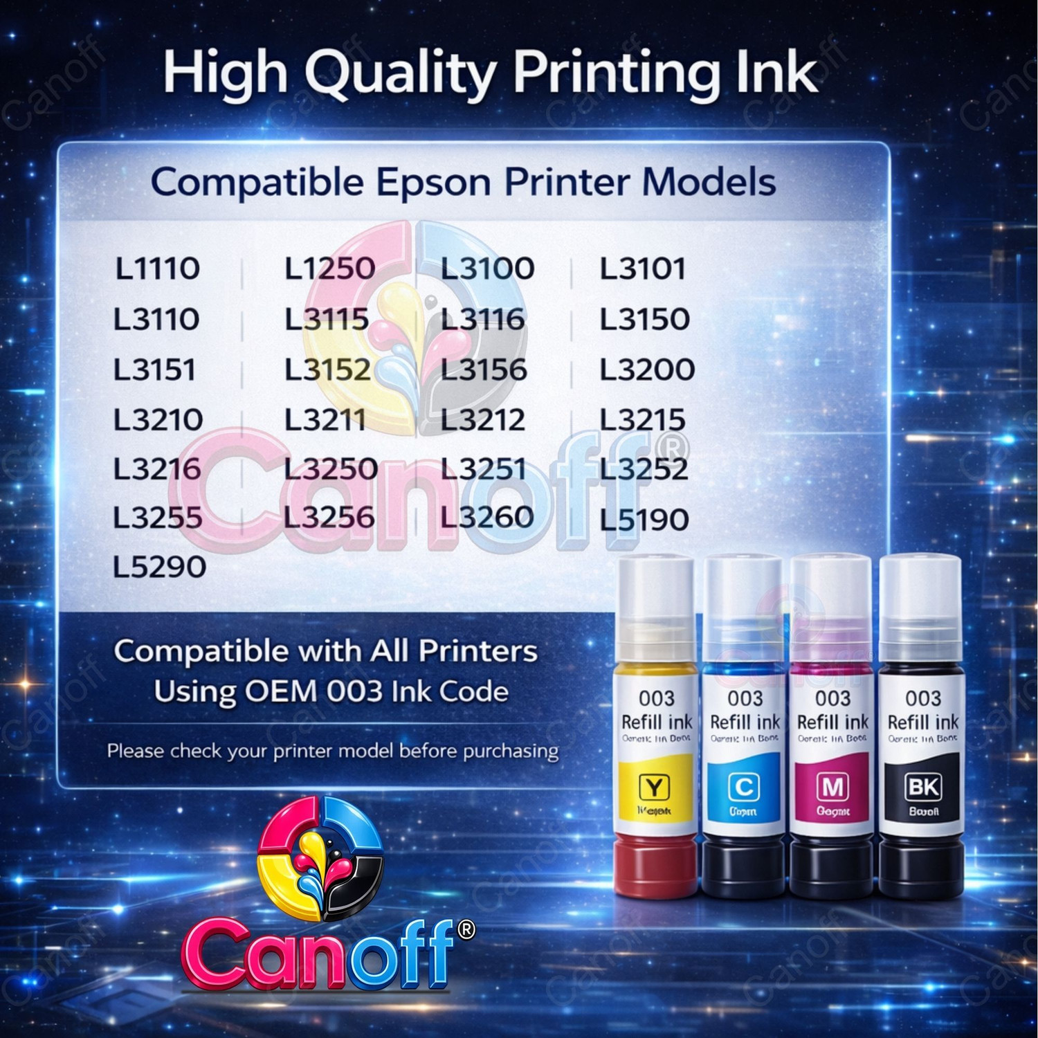 Image of canoff 003 ink For L3200,L3210,L3211,L3215,L3216,L3250,L3252 Printers Black + Tri Color Combo Pack Ink Bottle