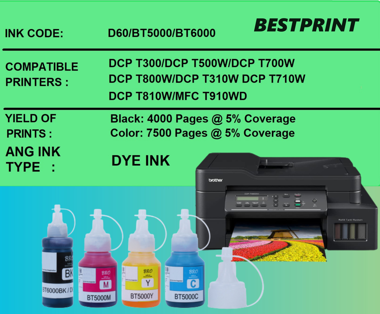 Image of BESTPRINT Ink For BROTHER DCP T300, T310W, T500W, T510W, T700W, T710W, T800W, T810W Black + Tri Color Combo Pack Ink Bottle