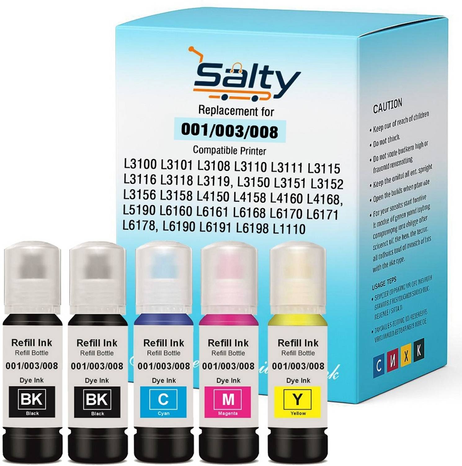 Salty 003, 001 Refill Ink for L3200,L3210,L3211,L3215,L3216,L3250,L3252 Printers Black + Tri Color Combo Pack Ink Bottle