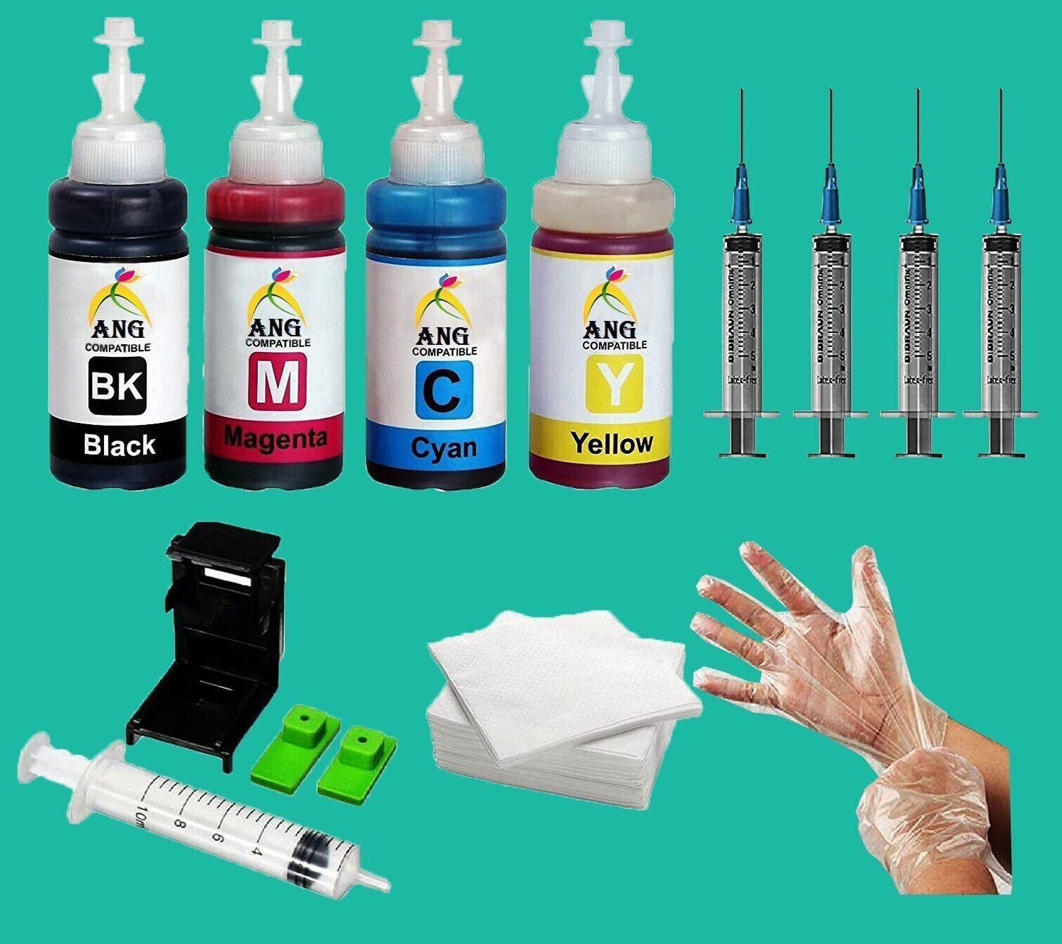 Image of Ang 805 cartridge Refill for HP printer 1210, 1211, 1212, 1213, 2330, 2331, 2332 Black + Tri Color Combo Pack Ink Bottle