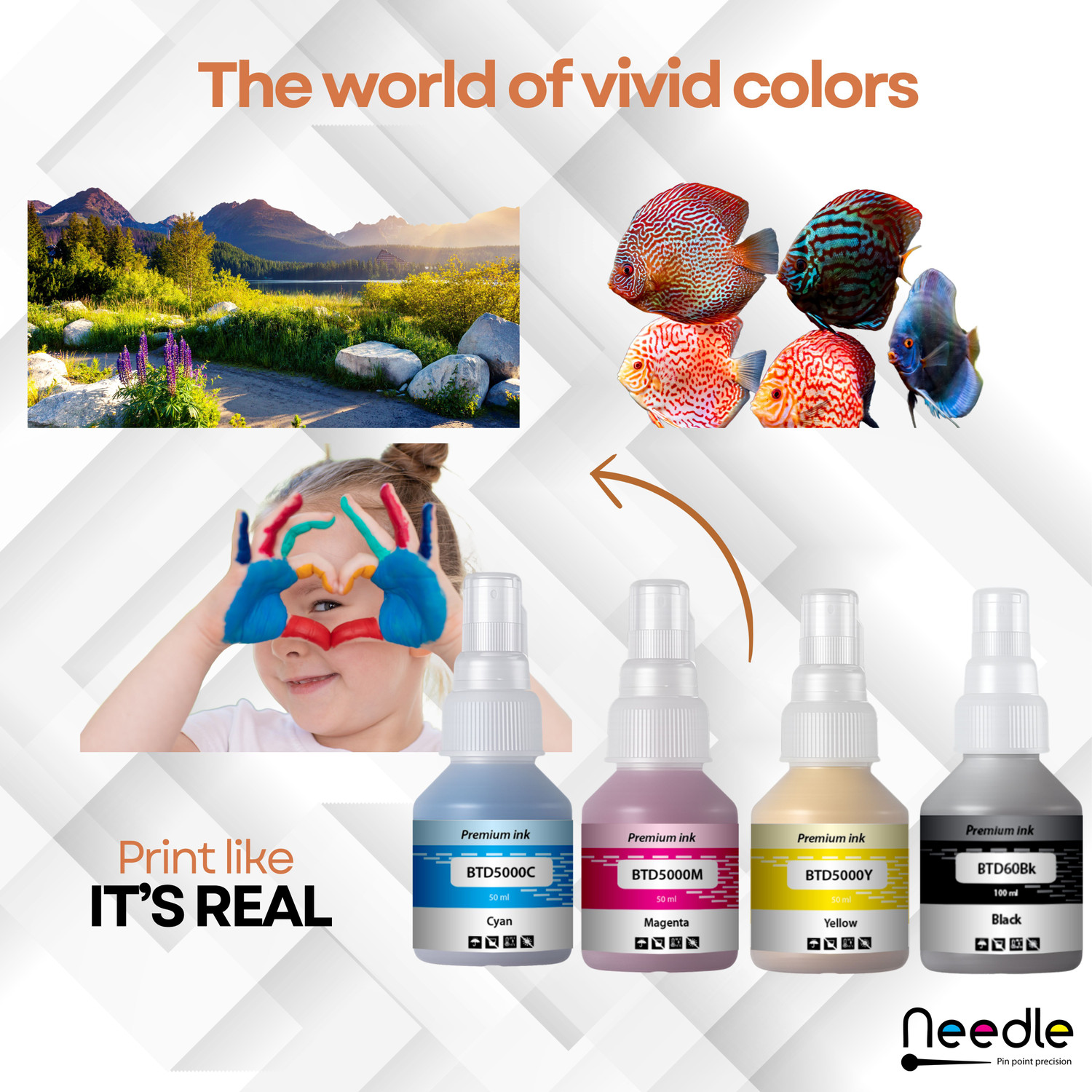 Image of Needle BTD60 /BT5000 for DCP-T310 T220 T420 T510 T520 T700 T4000W Printers 50+100ml each Black + Tri Color Combo Pack Ink Bottle