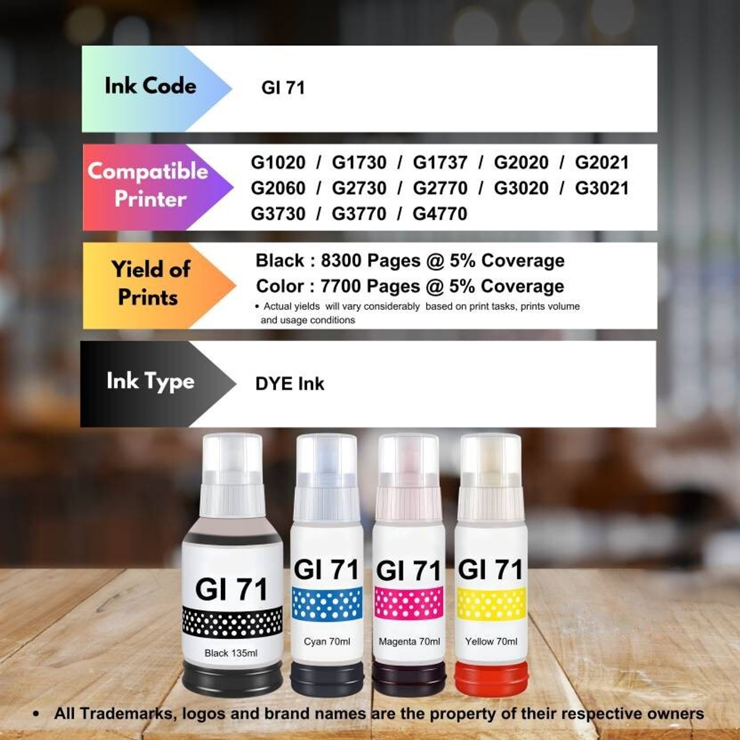 Image of kalar Ink Refill for Canon GI 71 G1020,G2020,G2021,G2060,G3020,G2021,G3060 Black + Tri Color Combo Pack Ink Bottle