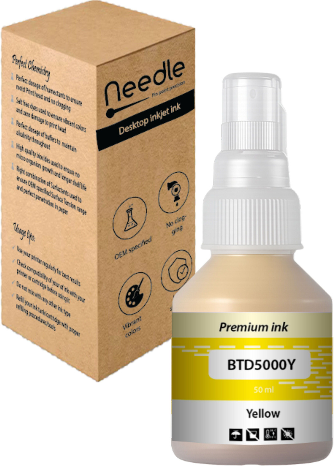 Image of Needle BTD60 /BT5000 for DCP-T310 T220 T420 T510 T520 T700 T4000W Printers 50 gms each Yellow Ink Bottle