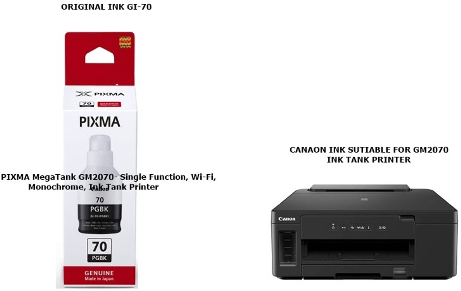 Pixma CANON ORIGINAL INK GM2070 MegaTank SingleFunction Wi-Fi Ink Tank PRINTER Black Ink Bottle
