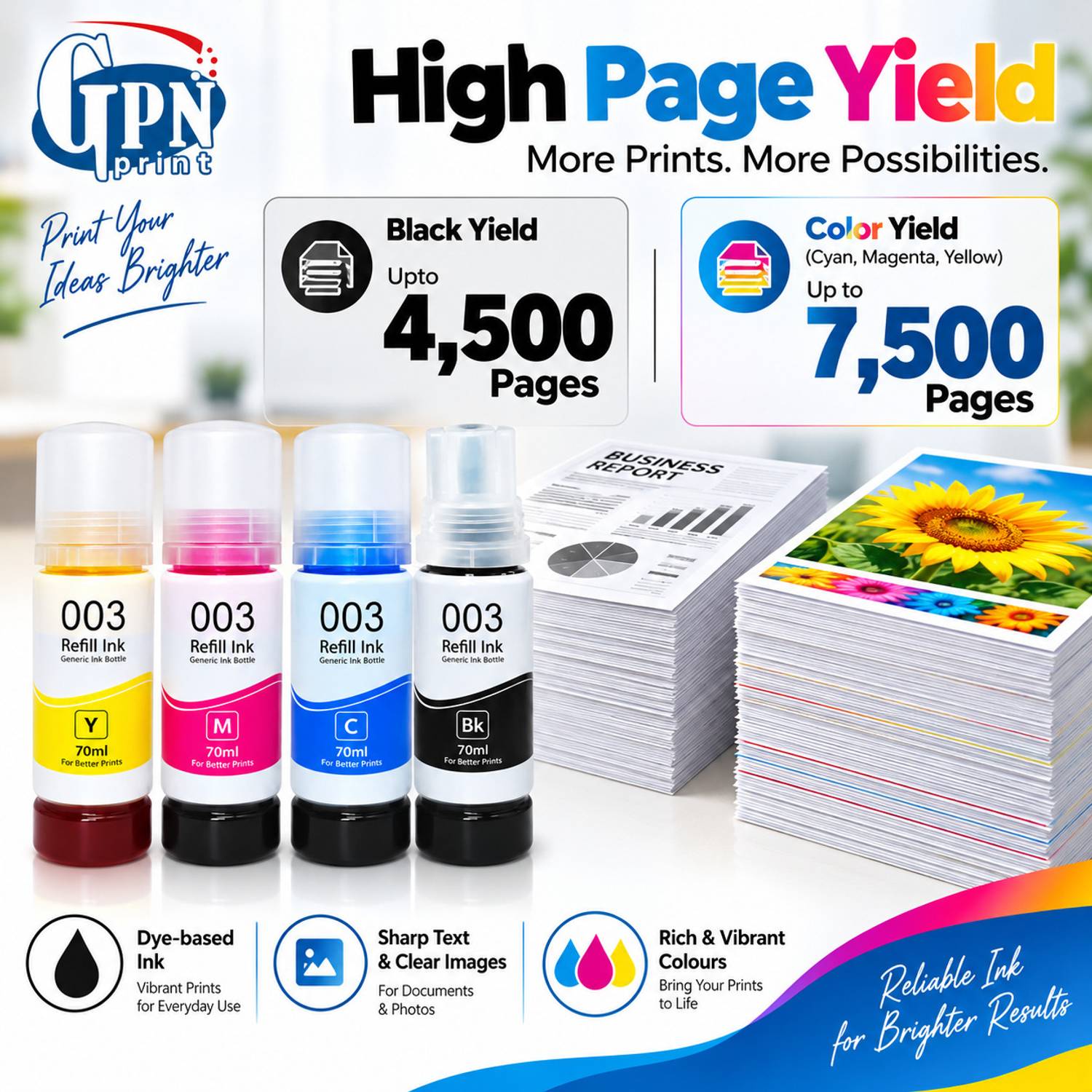 GPN PRINT 003 Ink for L3110, L3150, L3250, Black + Tri Color - Image 3