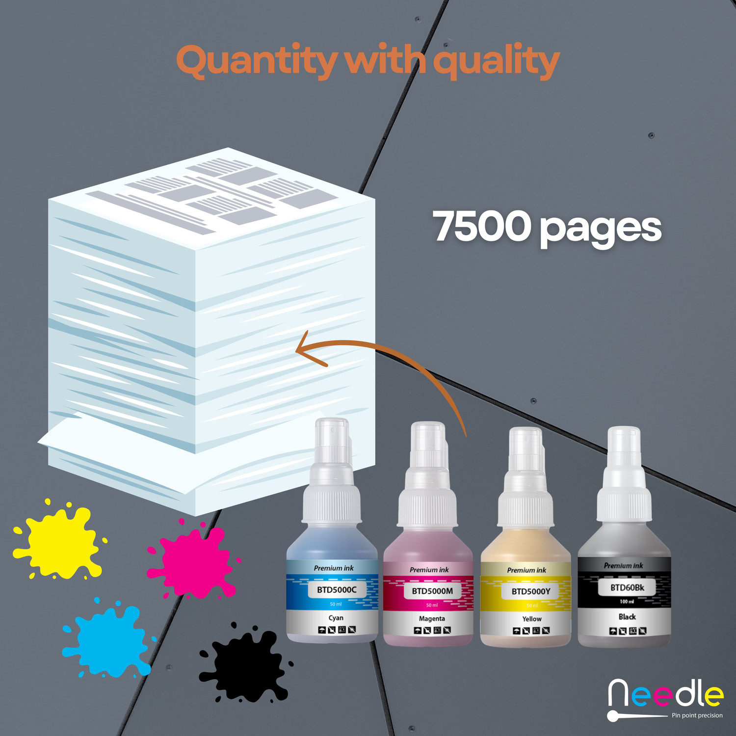 Image of Needle BTD60 /BT5000 for DCP-T310 T220 T420 T510 T520 T700 T4000W Printers 50+100ml each Black + Tri Color Combo Pack Ink Bottle