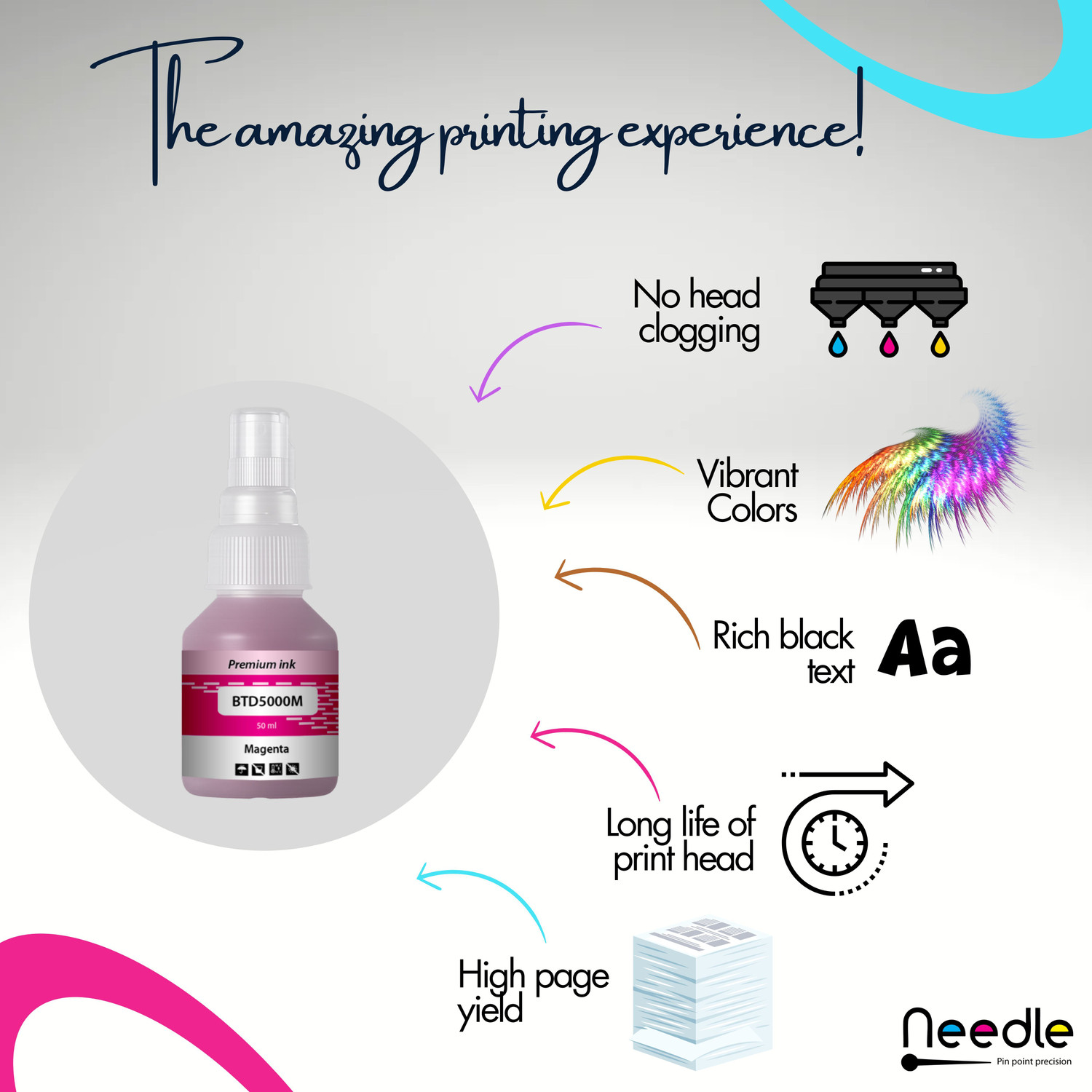 Image of Needle BTD60 /BT5000 for DCP-T310 T220 T420 T510 T520 T700 T4000W Printers 50 gms each Magenta Ink Bottle