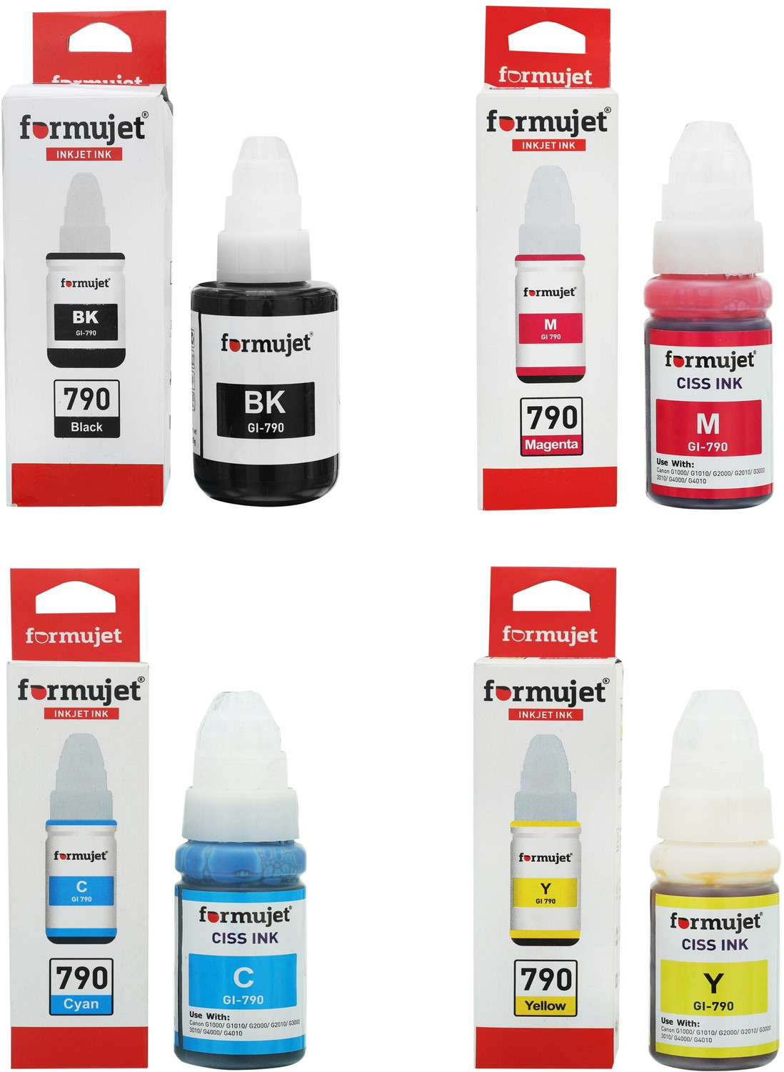 Image of Formujet GI 790 Refill Ink for Canon G1000, G1010, G2000, G2002, G2010, G2012,G3000,G3010 Black + Tri Color Combo Pack Ink Bottle