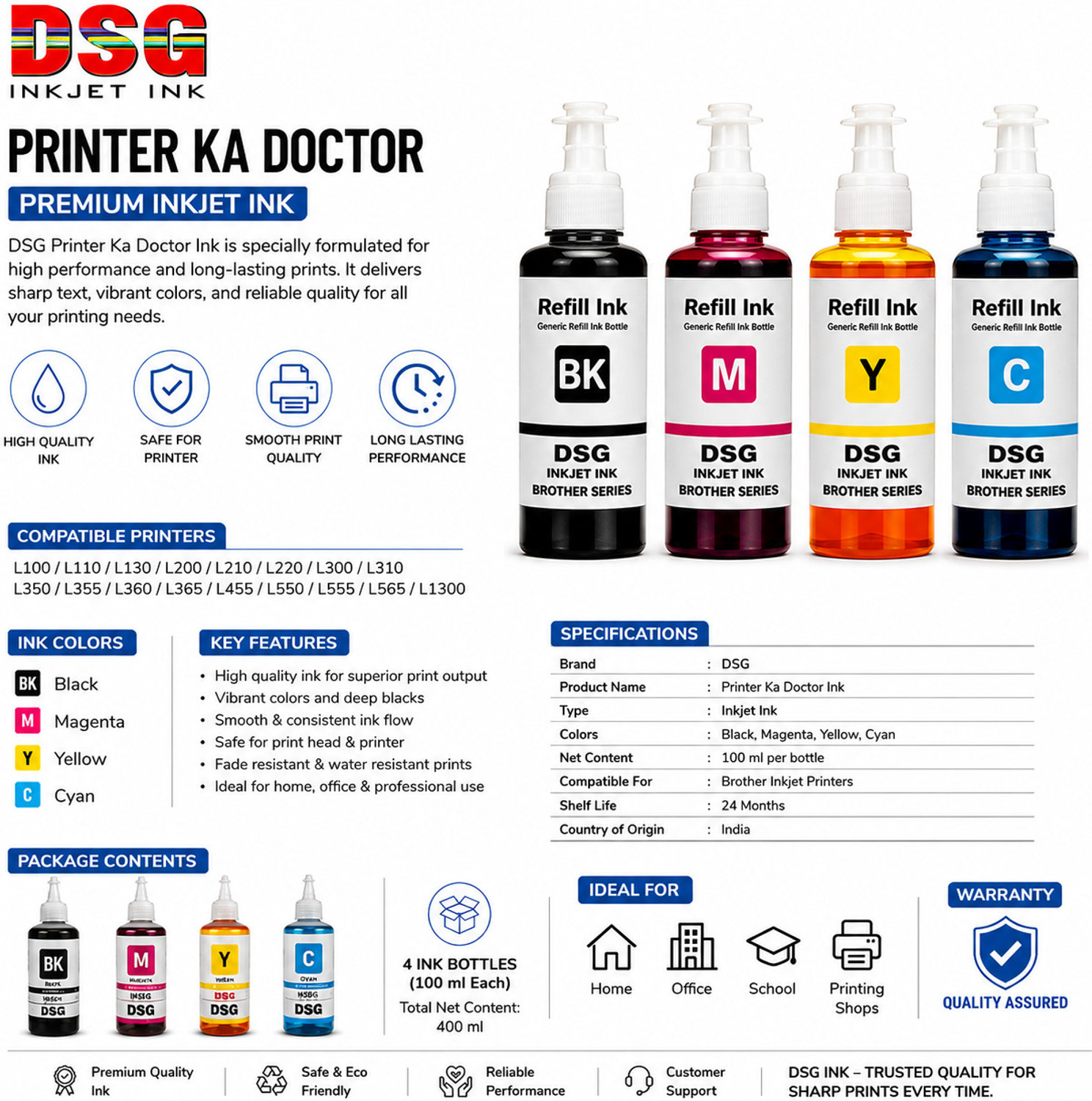 Image of CHAWDA 664 Ink Compatible With L100 , L110 , L130 , L200, L300 Black + Tri Color Combo Pack Ink Bottle