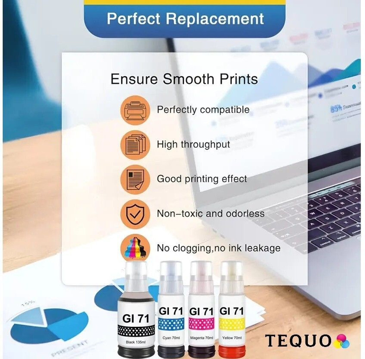 Image of tequo GI 70 /71 Ink For G1737,G2020,G2021,G2060,G3020,G3730,G3770,G4770 Printers Black + Tri Color Combo Pack Ink Bottle