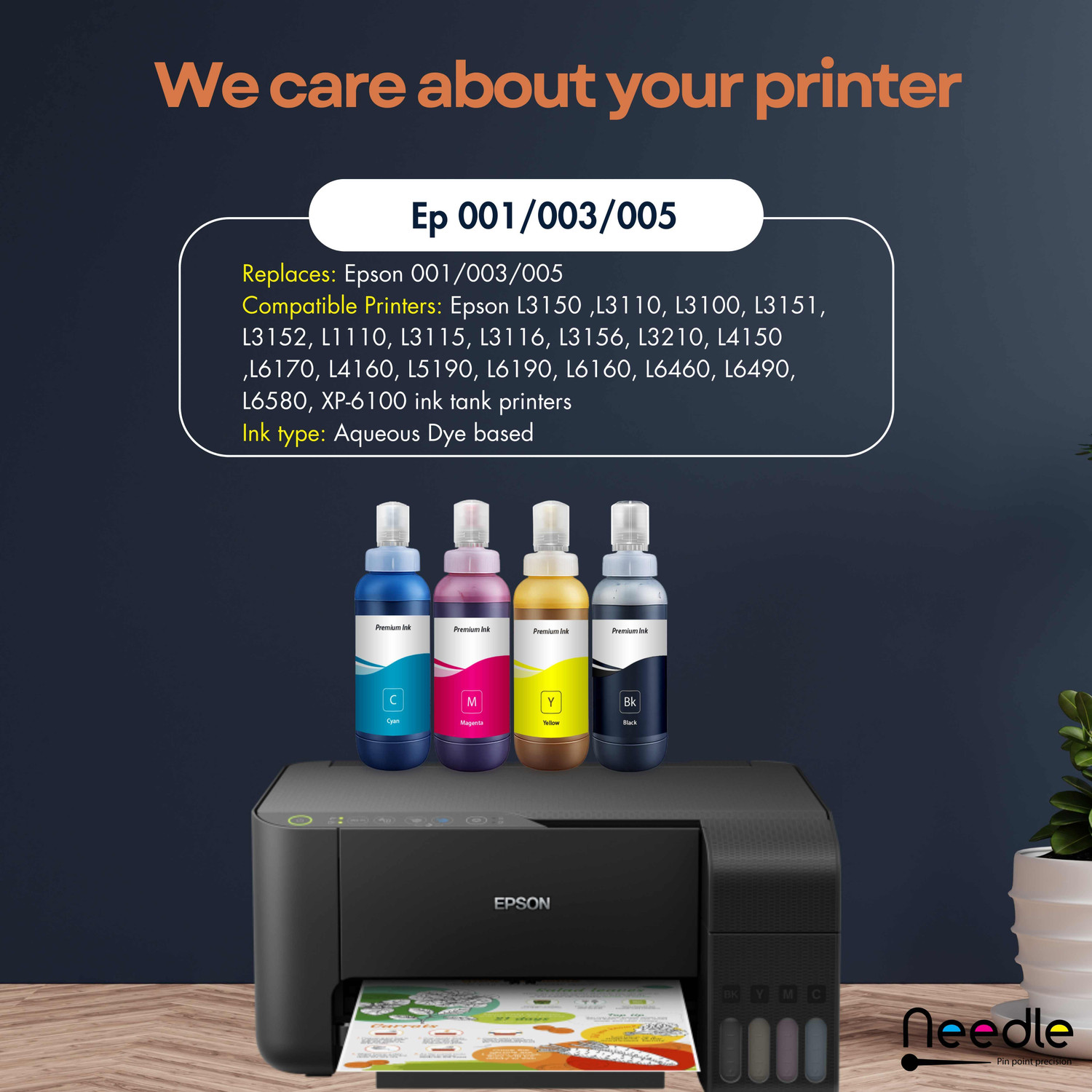 Image of Needle 003 for EP L3110 L3150 L3250 L3252 L3115 L3116 L3101 Printers 1 KG each Black + Tri Color Combo Pack Ink Bottle