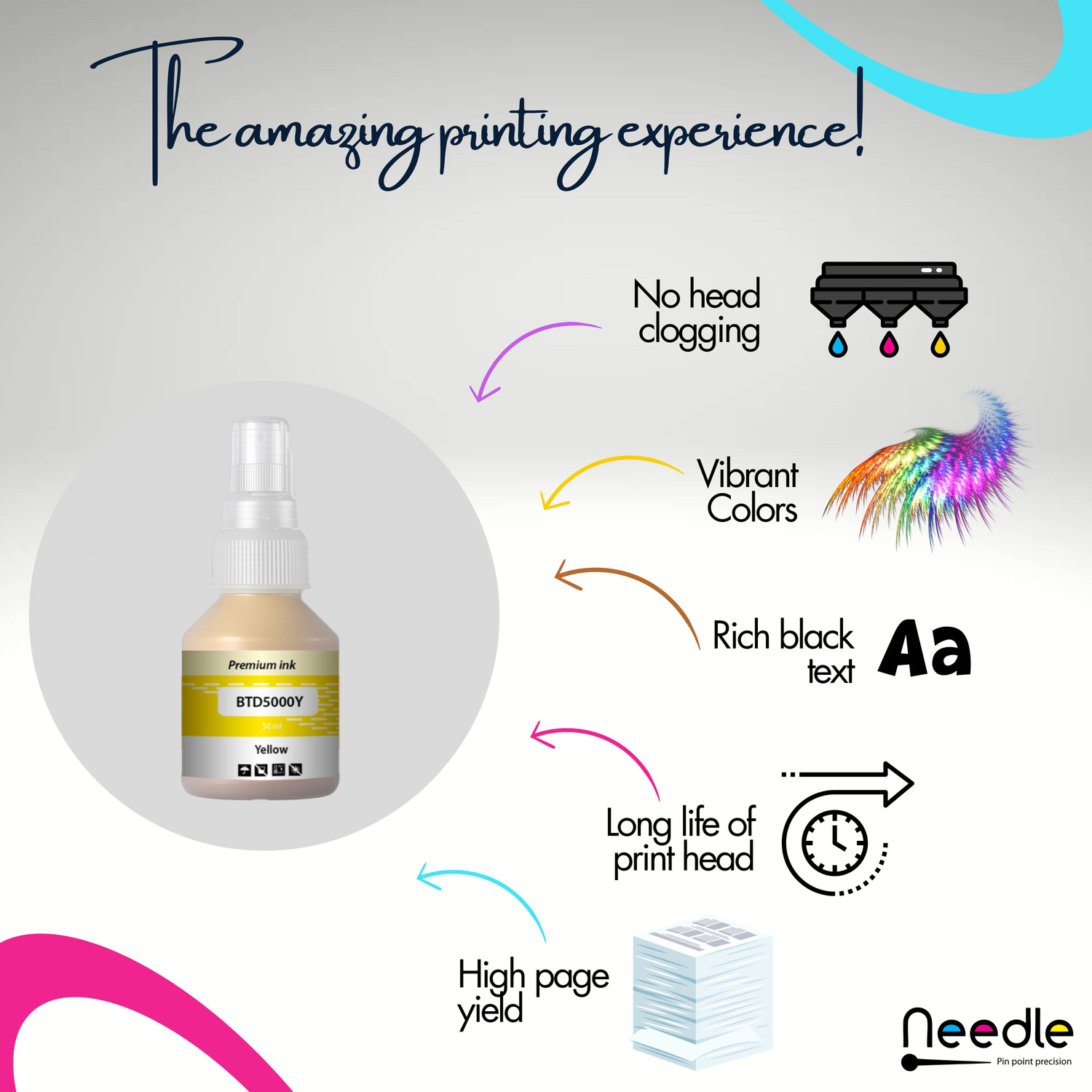 Image of Needle BTD60 /BT5000 for DCP-T310 T220 T420 T510 T520 T700 T4000W Printers 50 gms each Yellow Ink Bottle