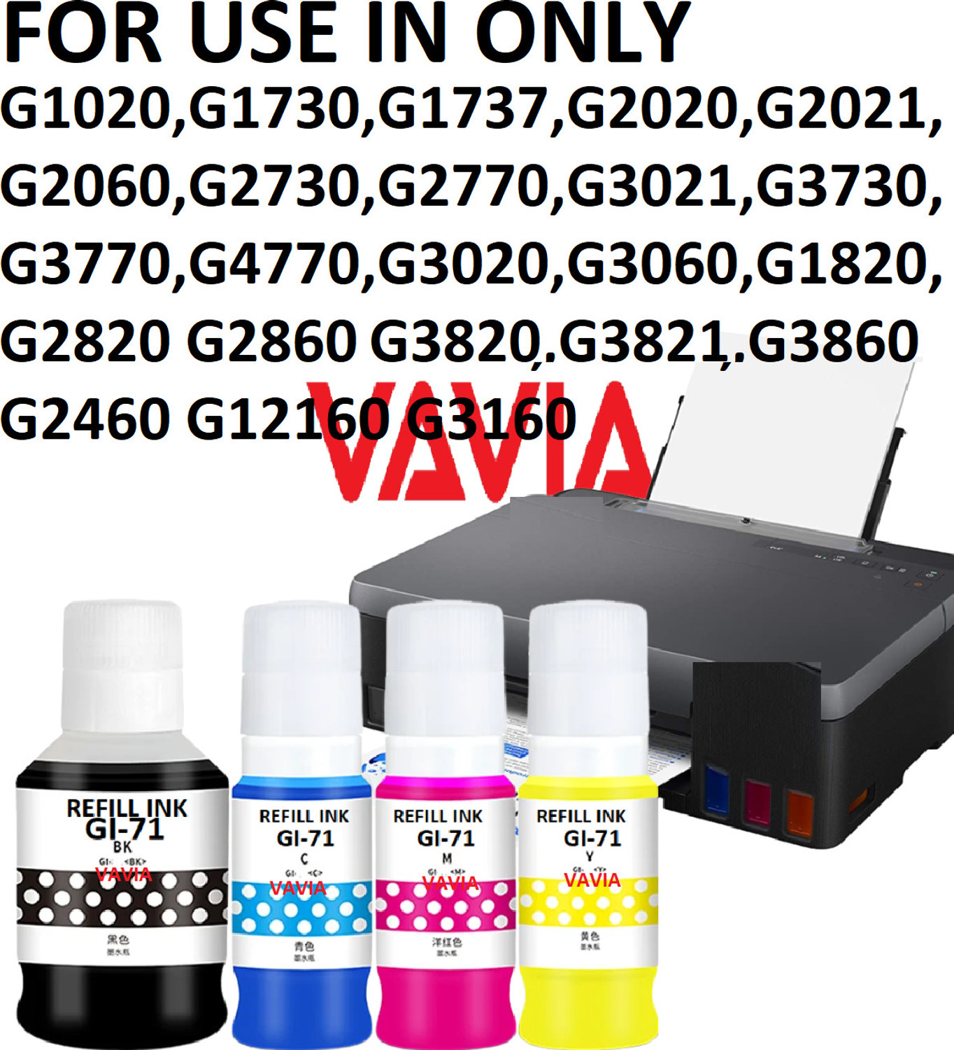 Image of vavia GI 71 Ink for G1020,G2020,G2021,G2060,G3020,G2021,G3060 Black + Tri Color Combo Pack Ink Bottle