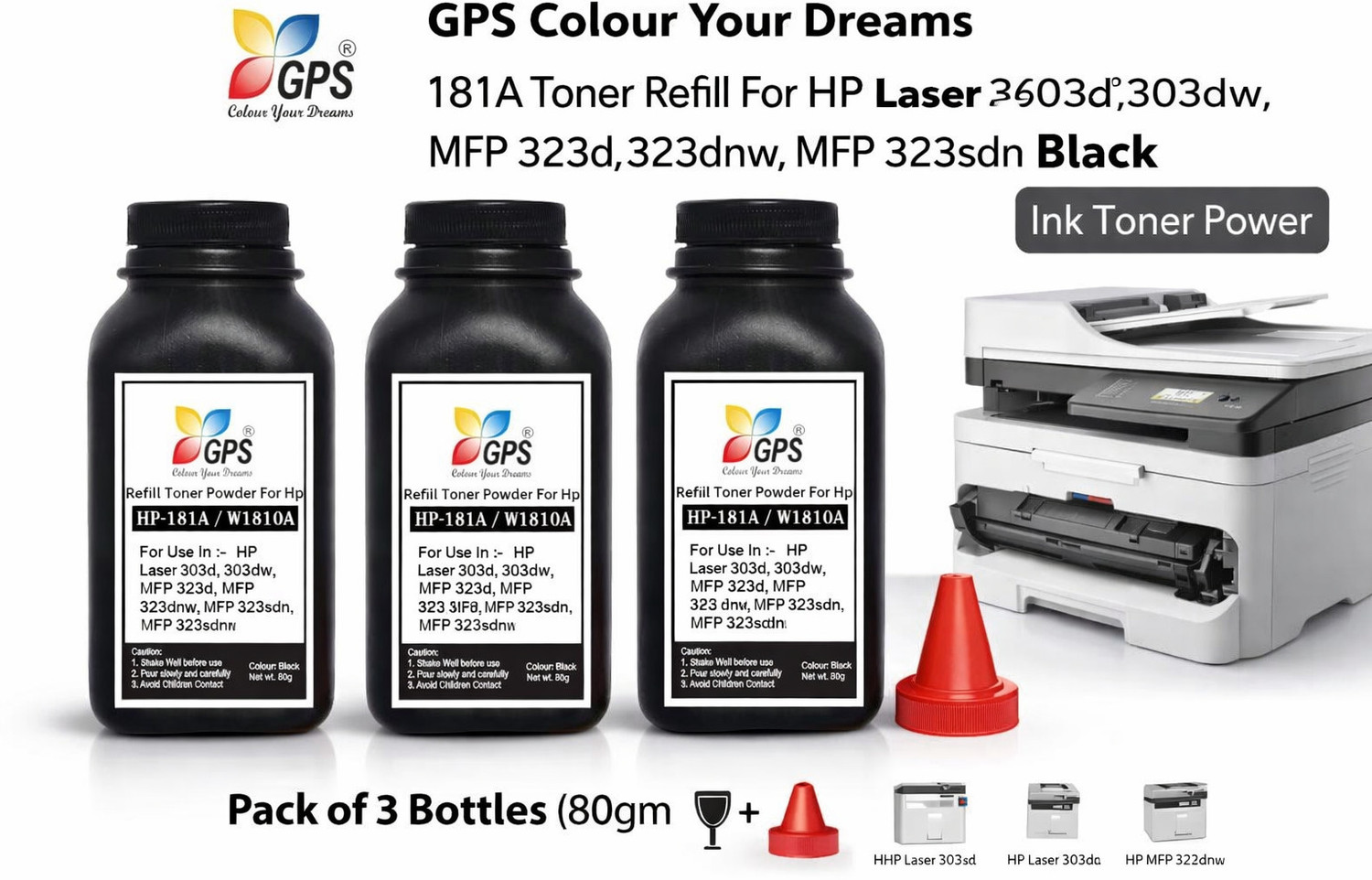 Image of GPS Colour Your Dreams 181A Toner Refill For HP Laser 303d, 303dw, MFP 323d, MFP 323dnw, MFP 323sdn Black Ink Toner Powder