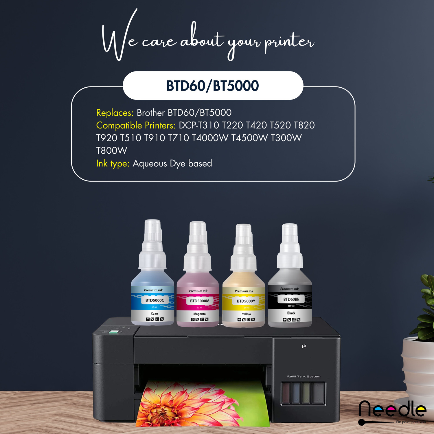 Image of Needle BTD60 /BT5000 for DCP-T310 T220 T420 T510 T520 T700 T4000W Printers 50+100ml each Black + Tri Color Combo Pack Ink Bottle