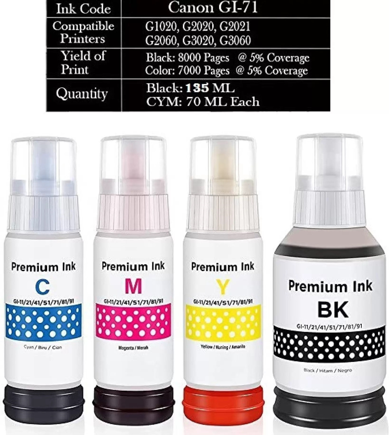 Image of kalar GI 71 Ink For Cn G1020,G2020,G2021,G2060,G2730,G2770,G3020,G3770,G4770 Printer Black + Tri Color Combo Pack Ink Bottle