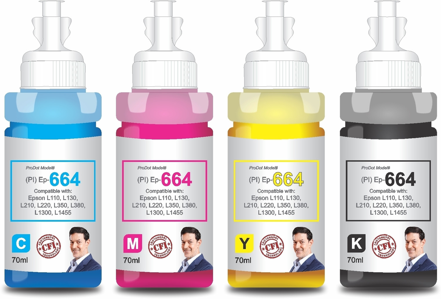 Image of PRODOT Ep 664 Inkjet Ink Refill Compatible with Epson L100, L130, L210, L220, L300 Black + Tri Color Combo Pack Ink Bottle