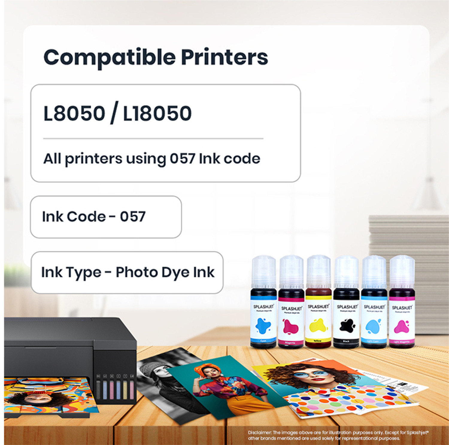 Image of Splashjet 057 Photo Dye Ink for EP L8050 Printer - (70gm x C /M /Y /K /LC /LM) - 503492 Black + Tri Color Combo Pack Ink Bottle