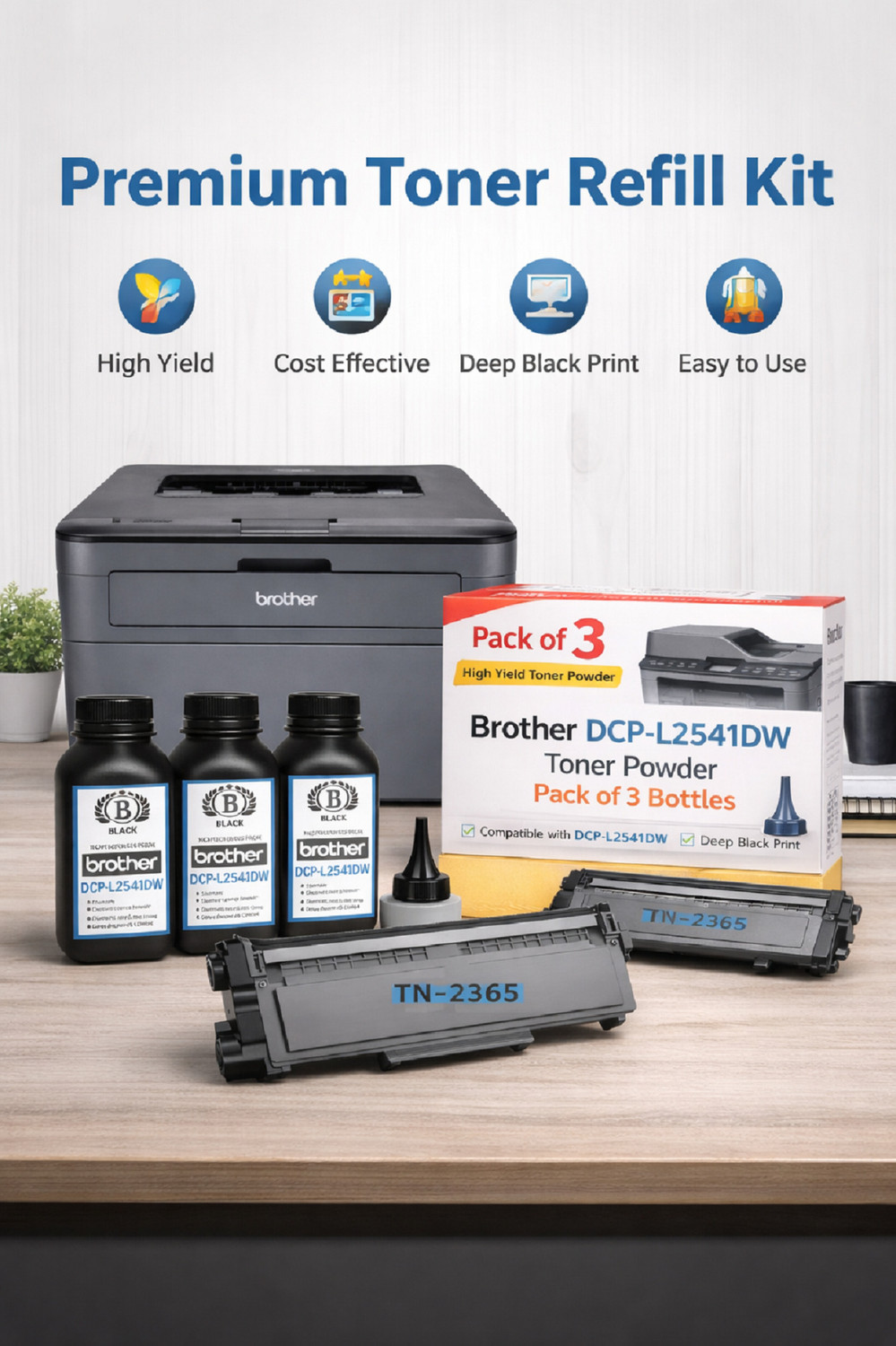 Image of Black Brother DCP-L2541DW Toner Refill Powder 100g (Pack of 3) Compatible with TN-2365 Black Ink Toner Powder