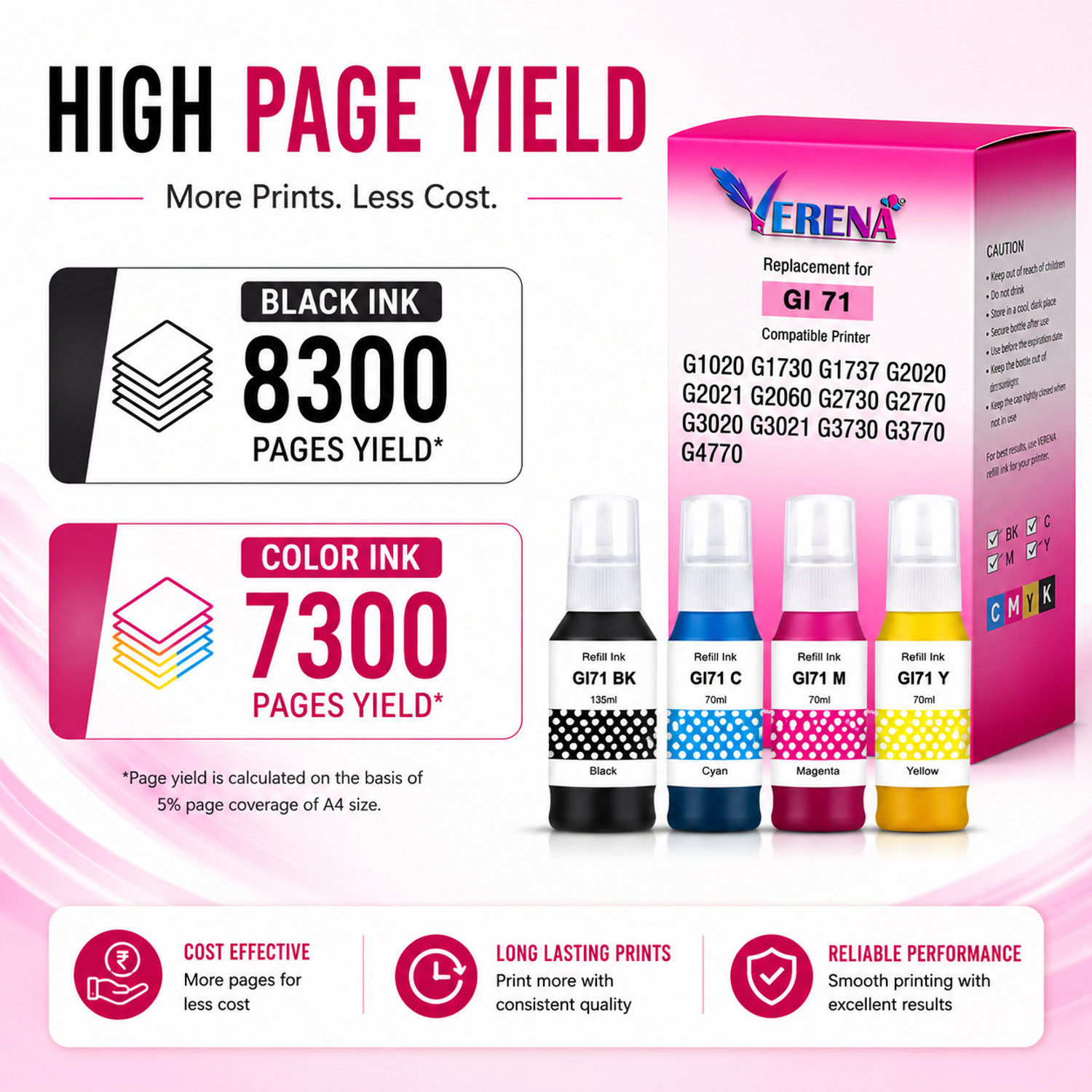 Image of verena GI 71 Refill Ink G1020,G2020,G2021,G2060,G3020,G3021,G3060 Printers Black + Tri Color Combo Pack Ink Bottle