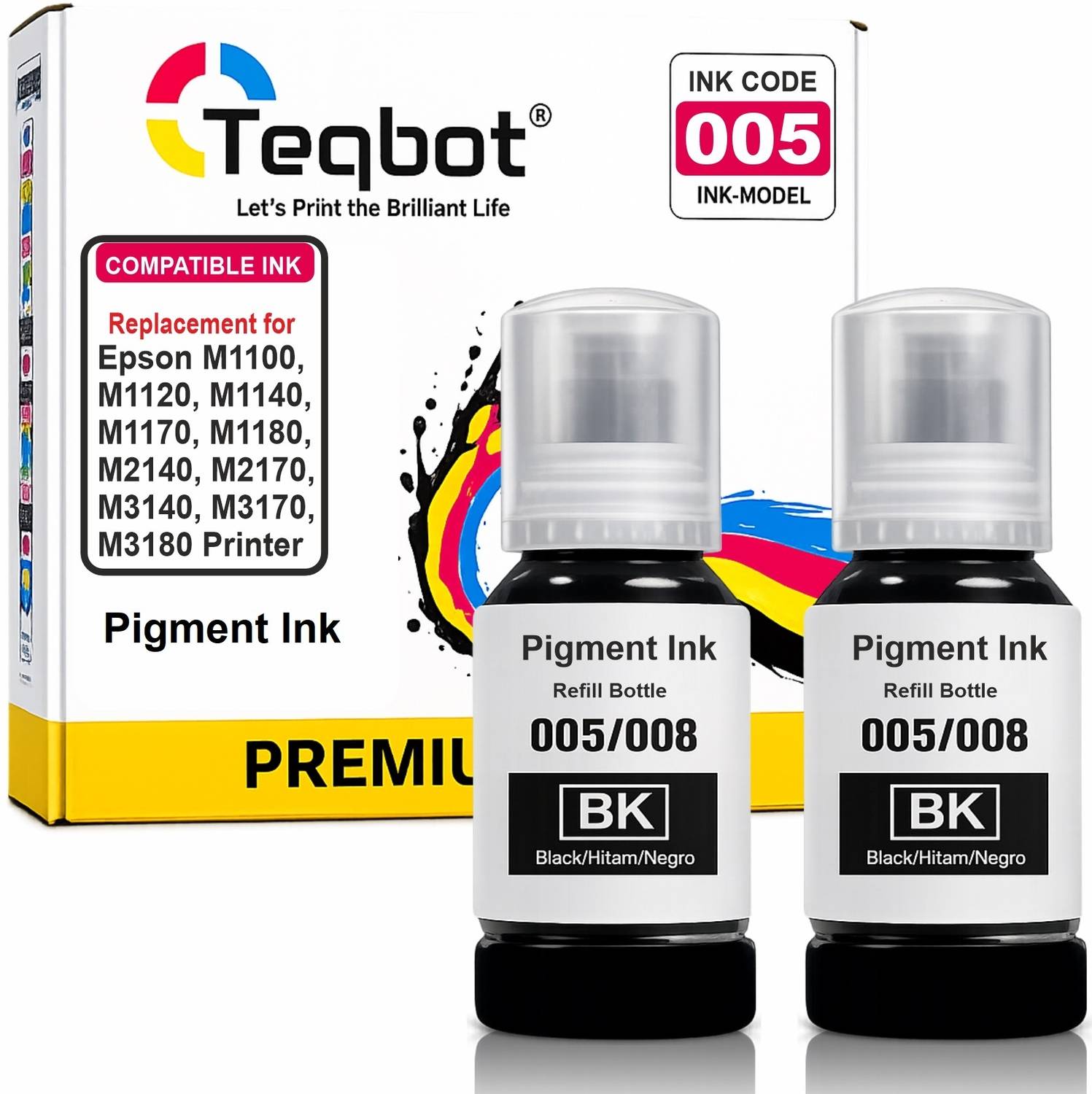 Teqbot 005 Pigment Refill Ink Compatible For M1100,M1140,M2140,M2170,M3140 2pc. x 127ml Black - Twin Pack Ink Bottle